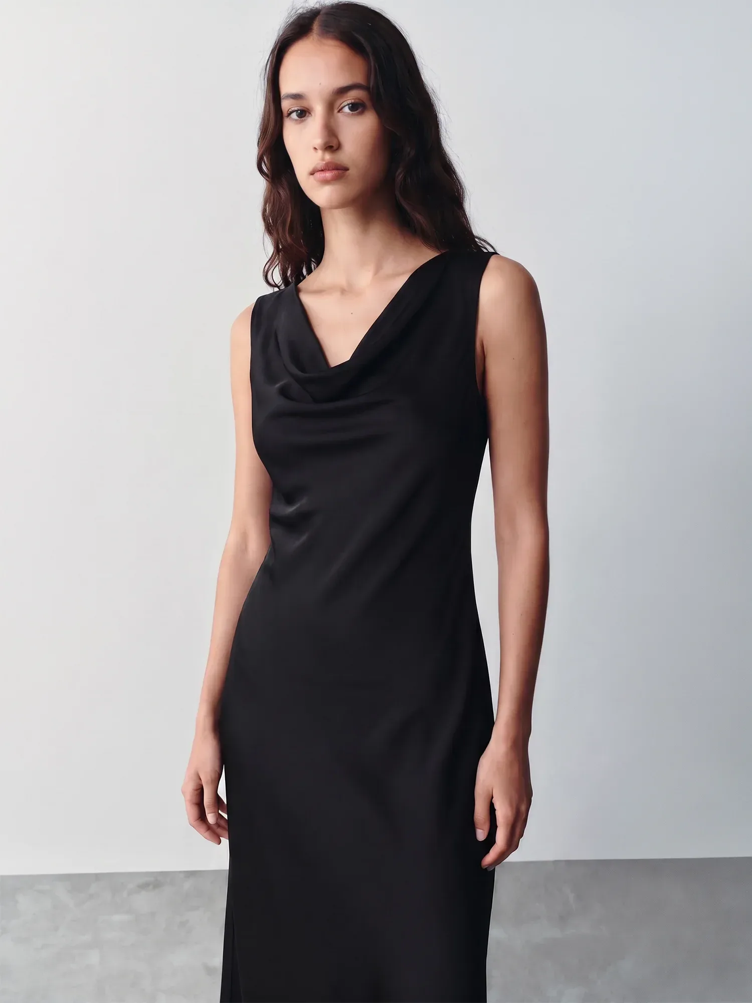 Sleeveless Cowl Neck Satin Midi Dress