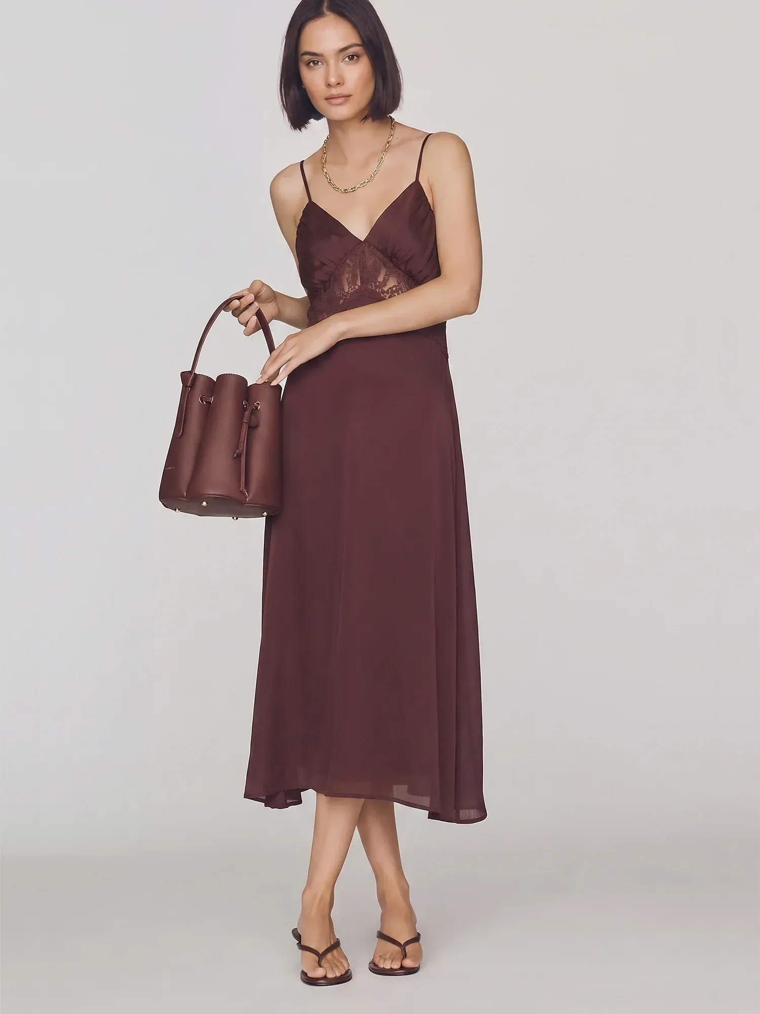 V Neck Lace In Set Detail Satin Slip Midi Dress