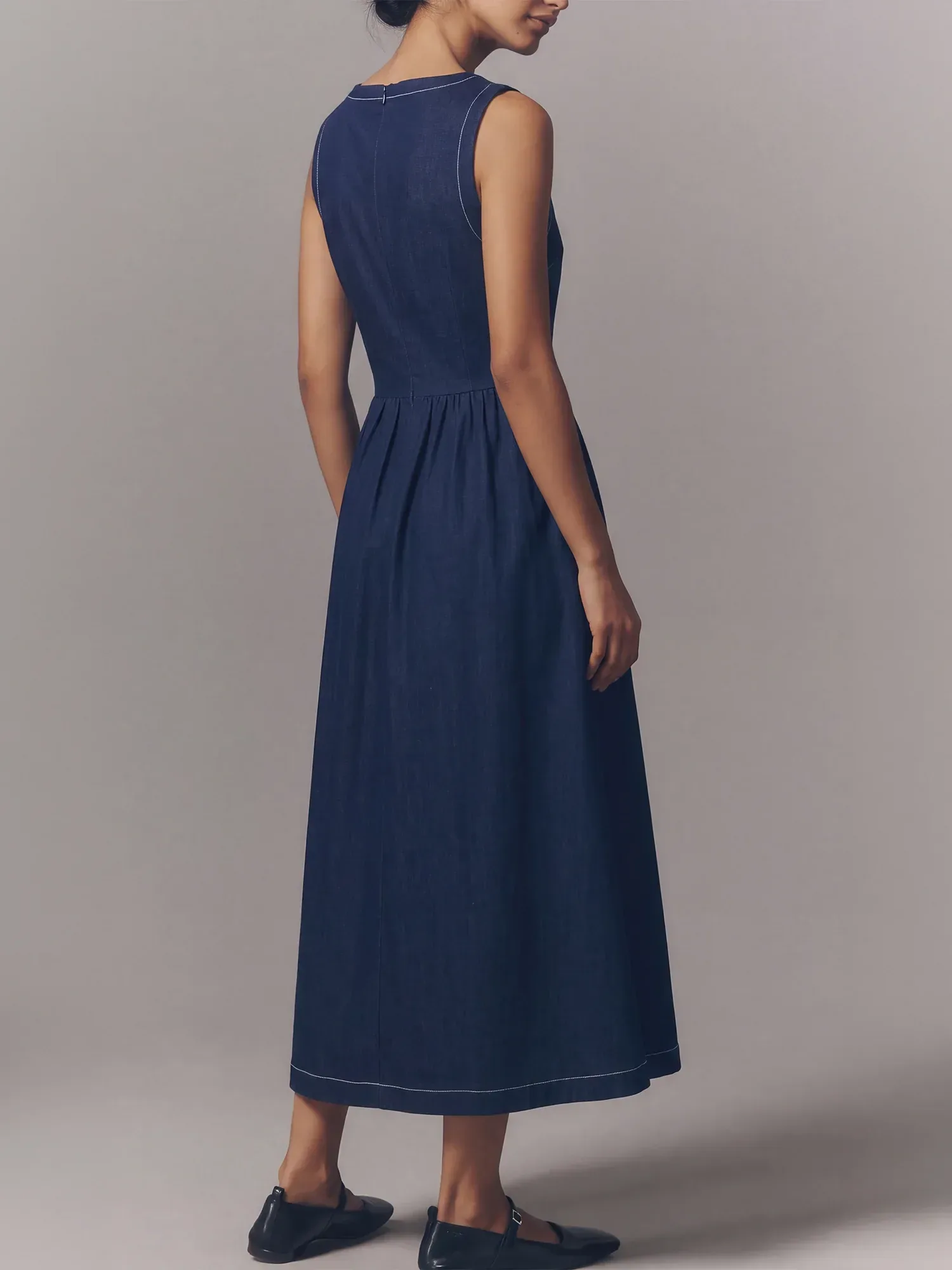Sleeveless Button Front Denim A Line Maxi Dress