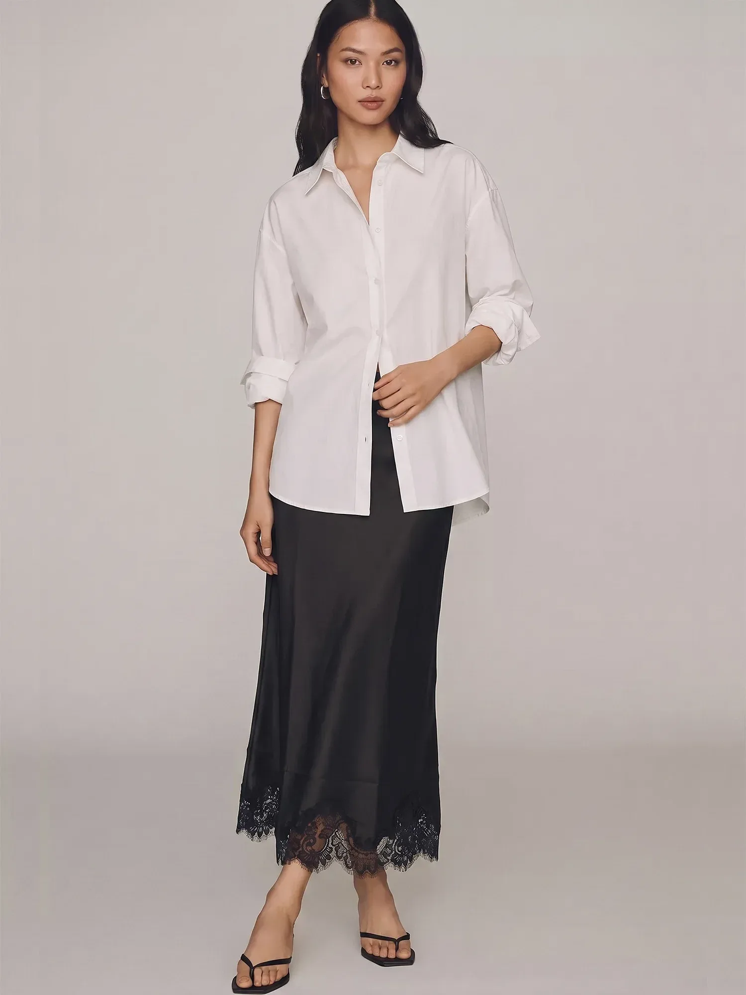 Satin Lace Hem Midi Skirt