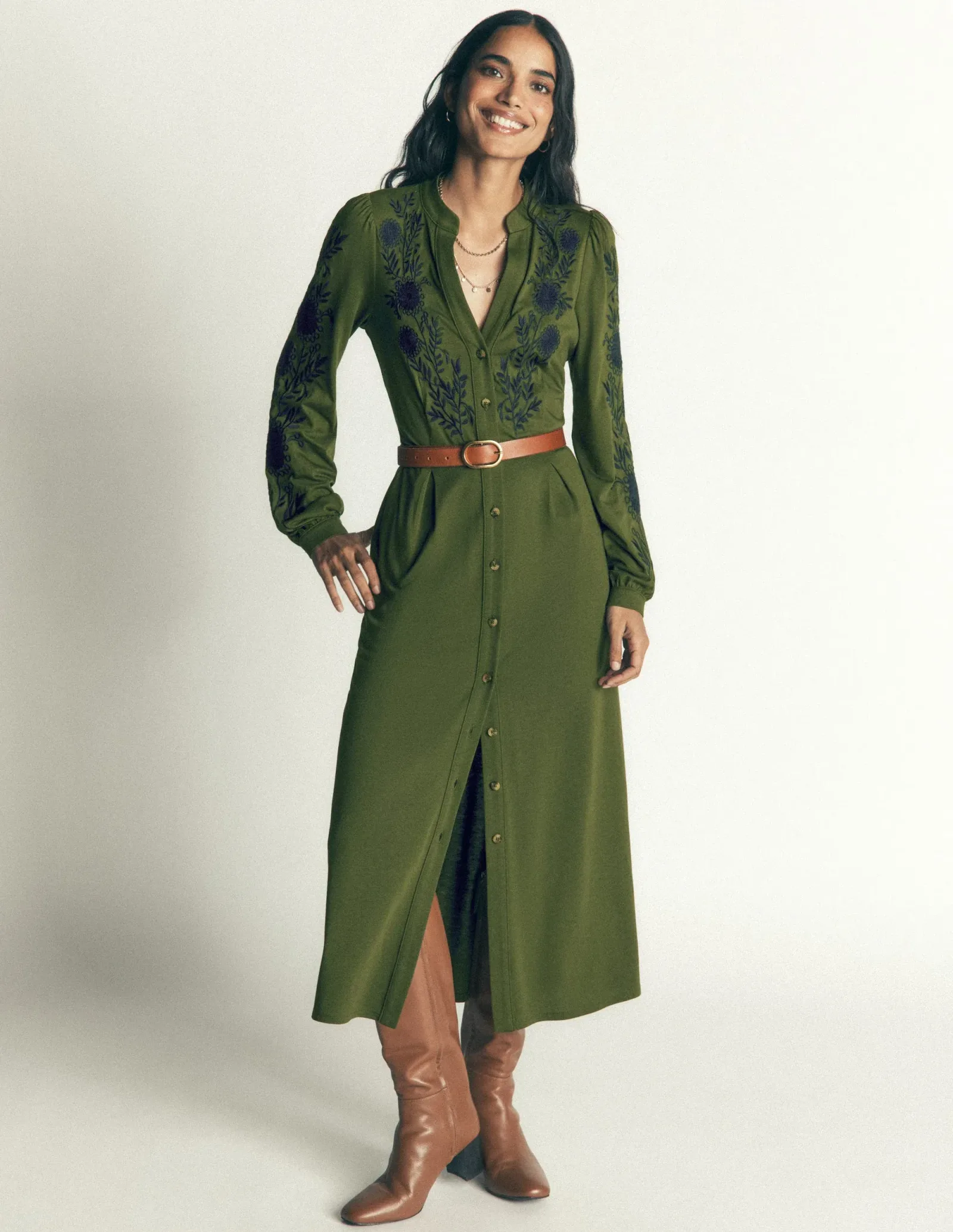 Juliet Jersey Midi Dress-Brunswick Green Embroidery