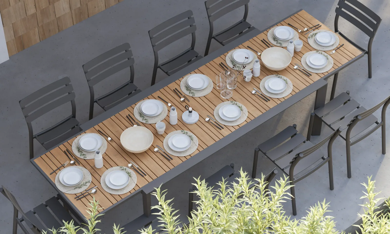 Teak + Aluminum Outdoor Extendable Dining Table + 10 595 Armless Chairs