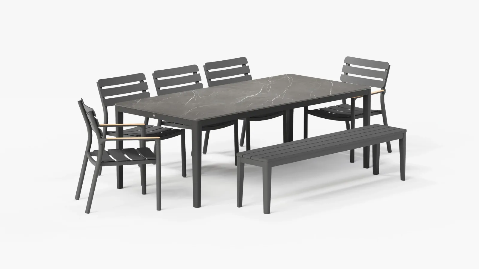 OuterStone Outdoor Dining Table + 2 595 Armchairs + 3 595 Armless Chairs + Aluminum Dining Bench