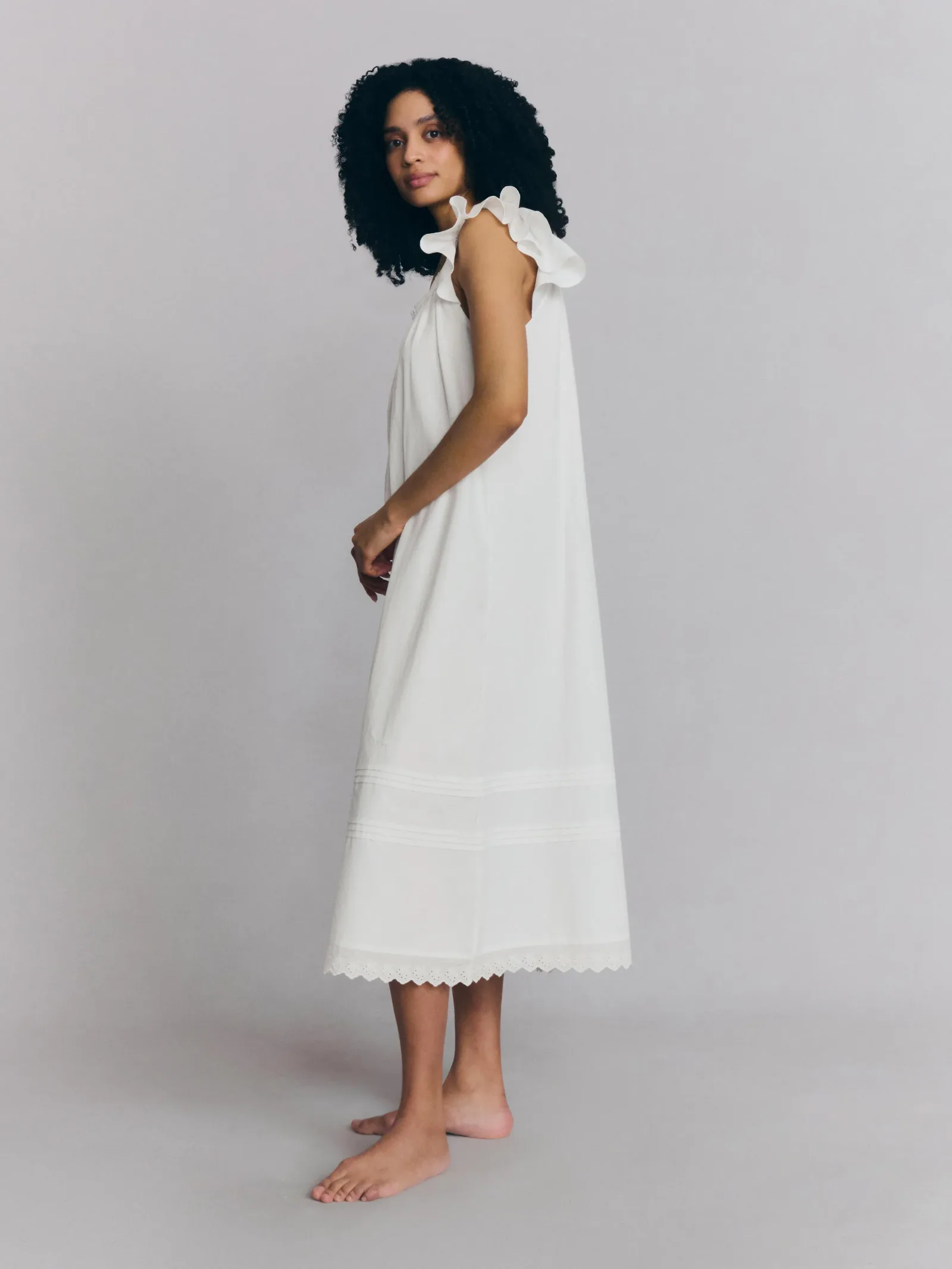 White Floral Embroidered Cotton Frill Nightie