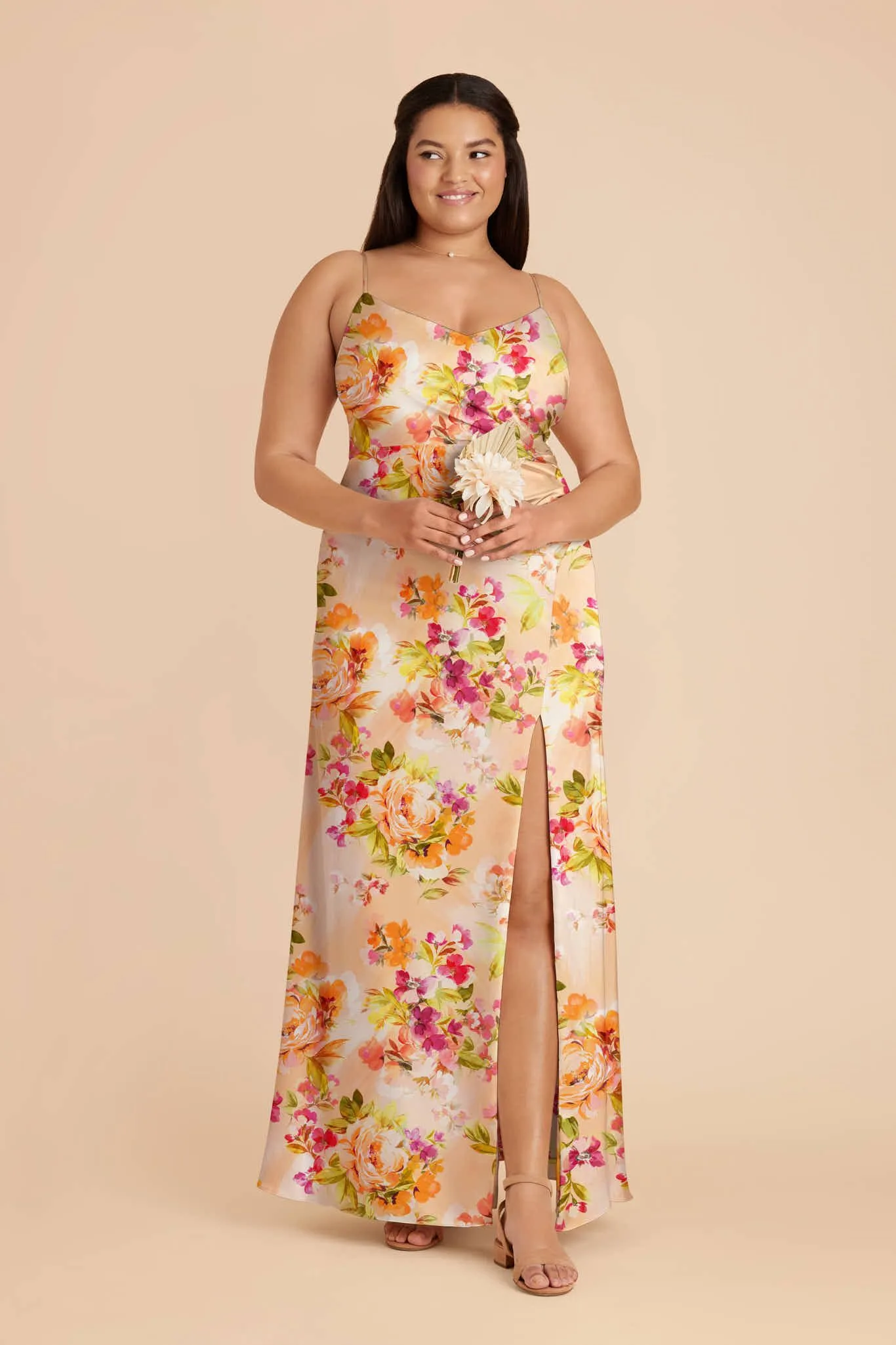 Catherine Matte Satin Dress – Coral Sunset Peonies