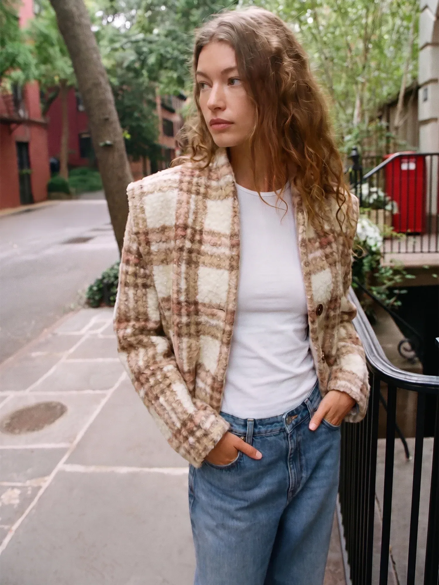 Shoulder Pad Collarless Plaid Coat