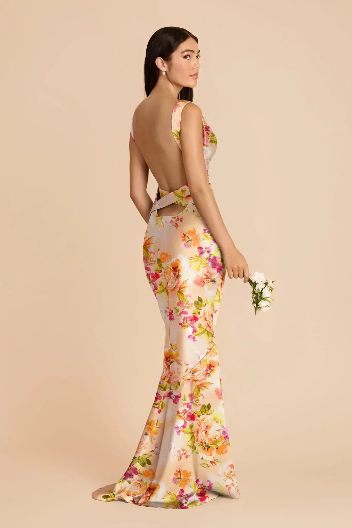 Alexis Matte Satin Dress – Coral Sunset Peonies