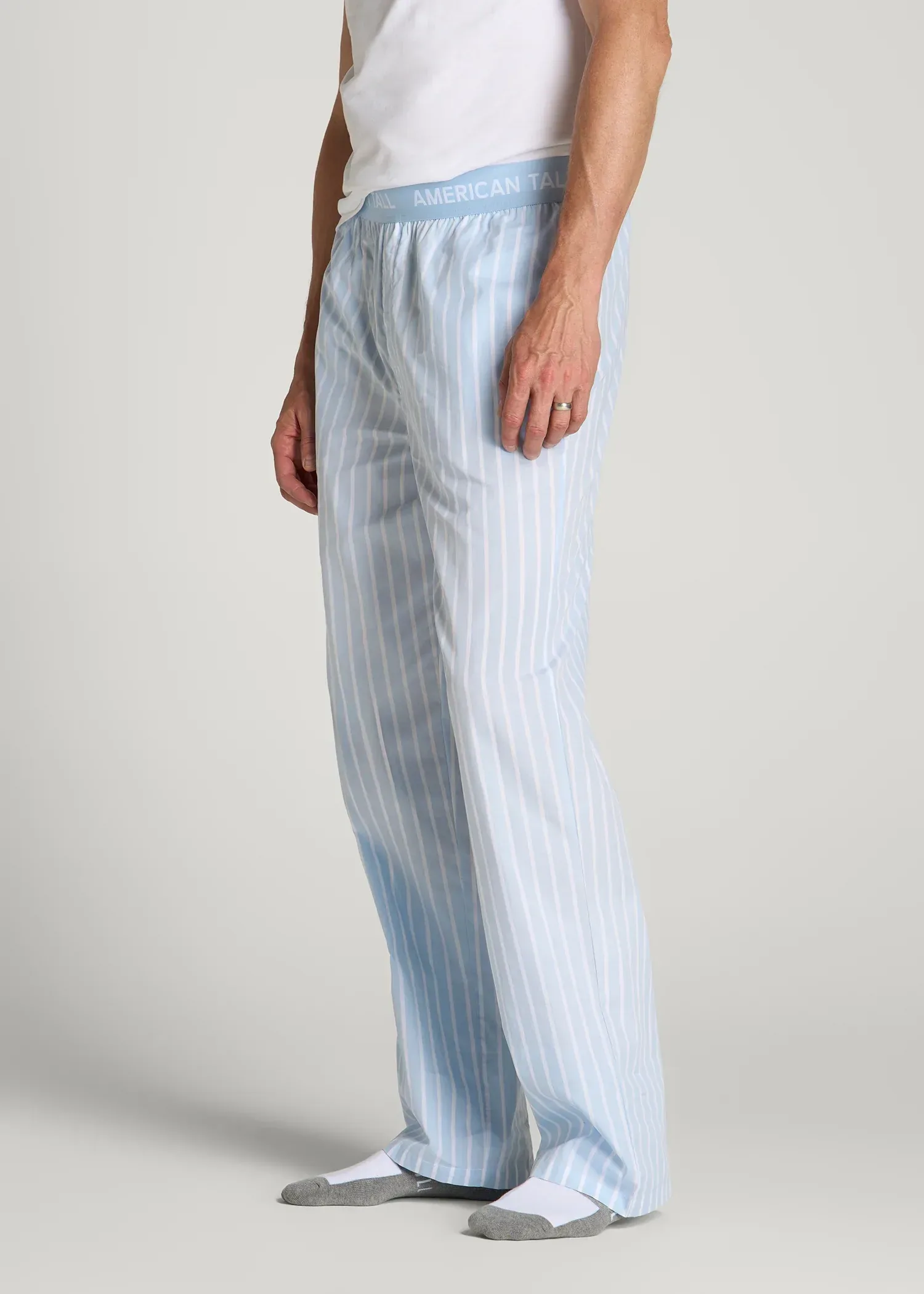 Cotton Poplin Pajama Pants for Tall Men in Blue Stripe