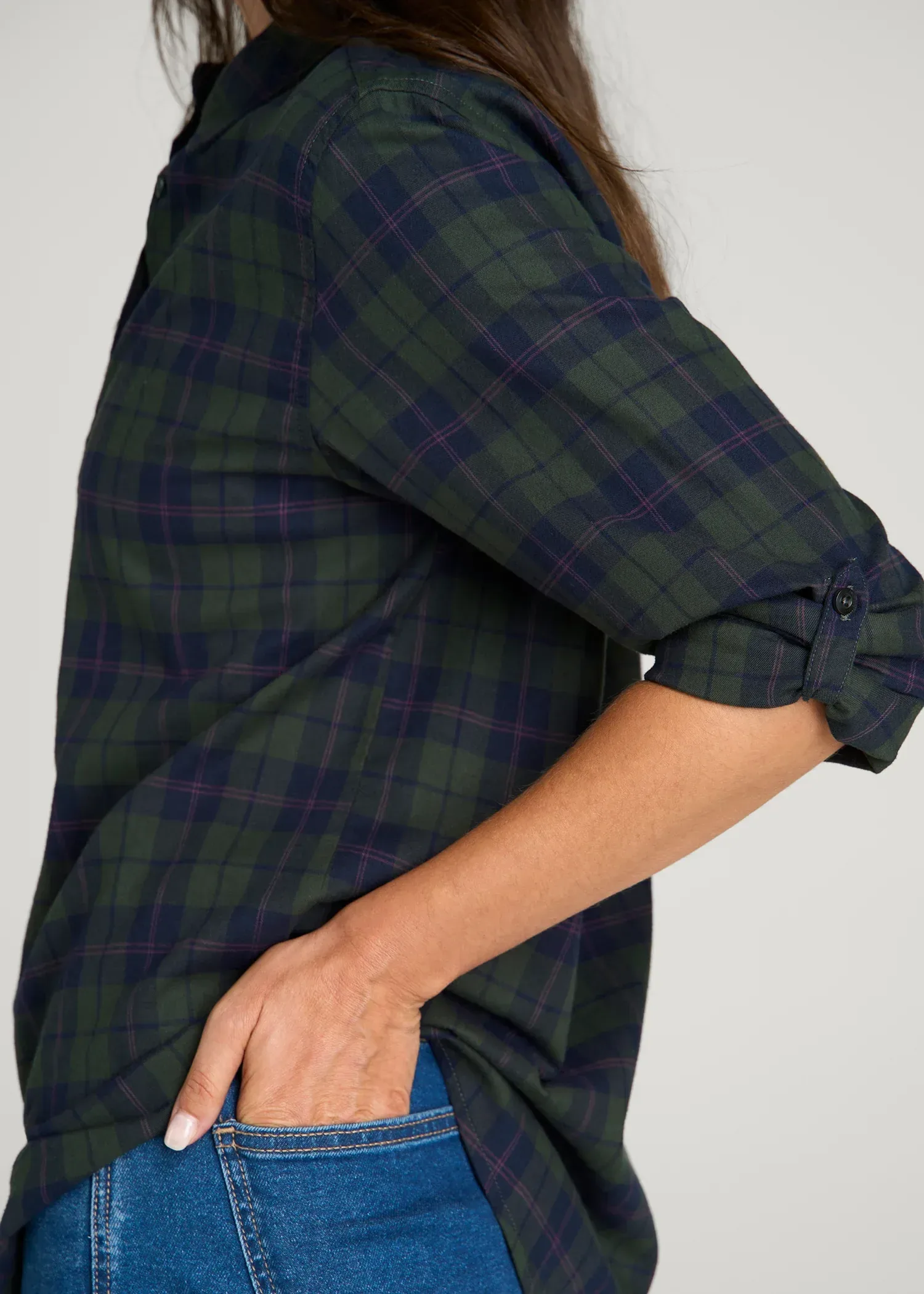 Oversized Flannel Shirt for Tall Women in Boreal Forest Plaid