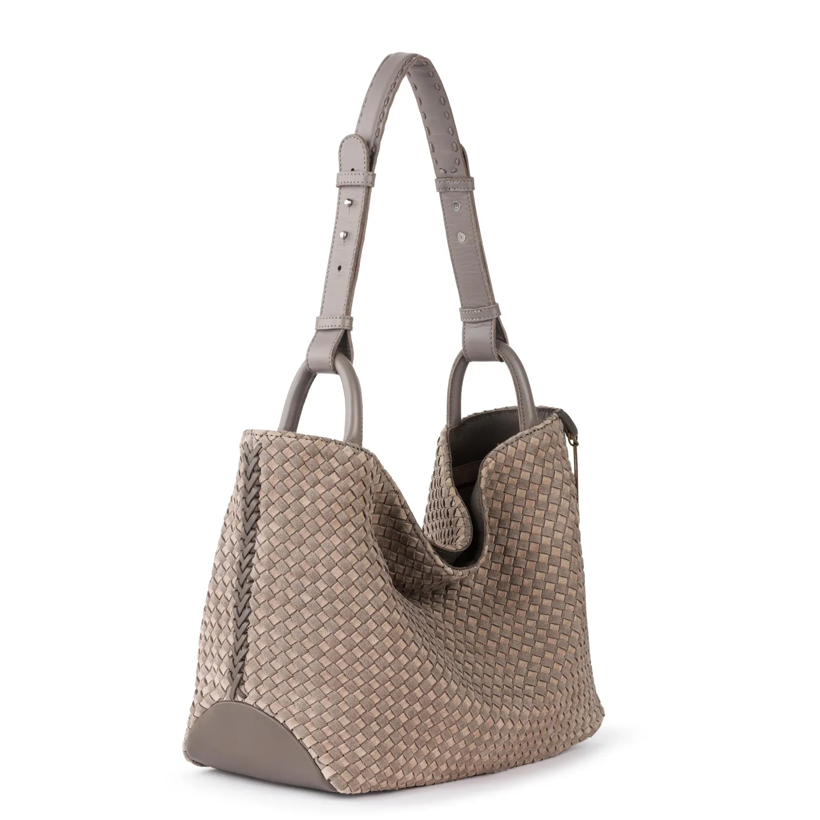 Los Feliz Medium Tote – Leather – Mushroom Sand Suede Woven