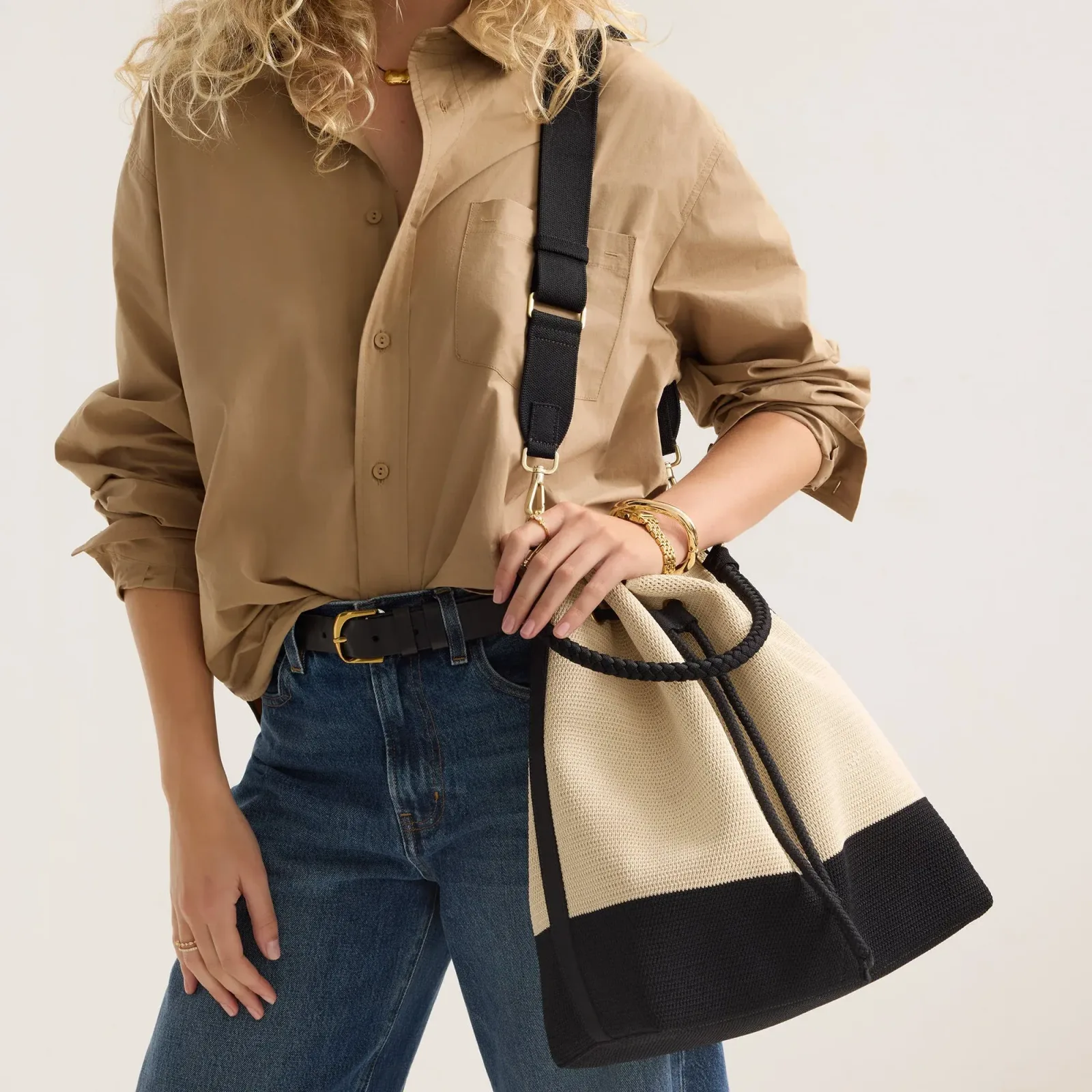 The Cinch Bucket Bag – Black and White Raffia-Knit