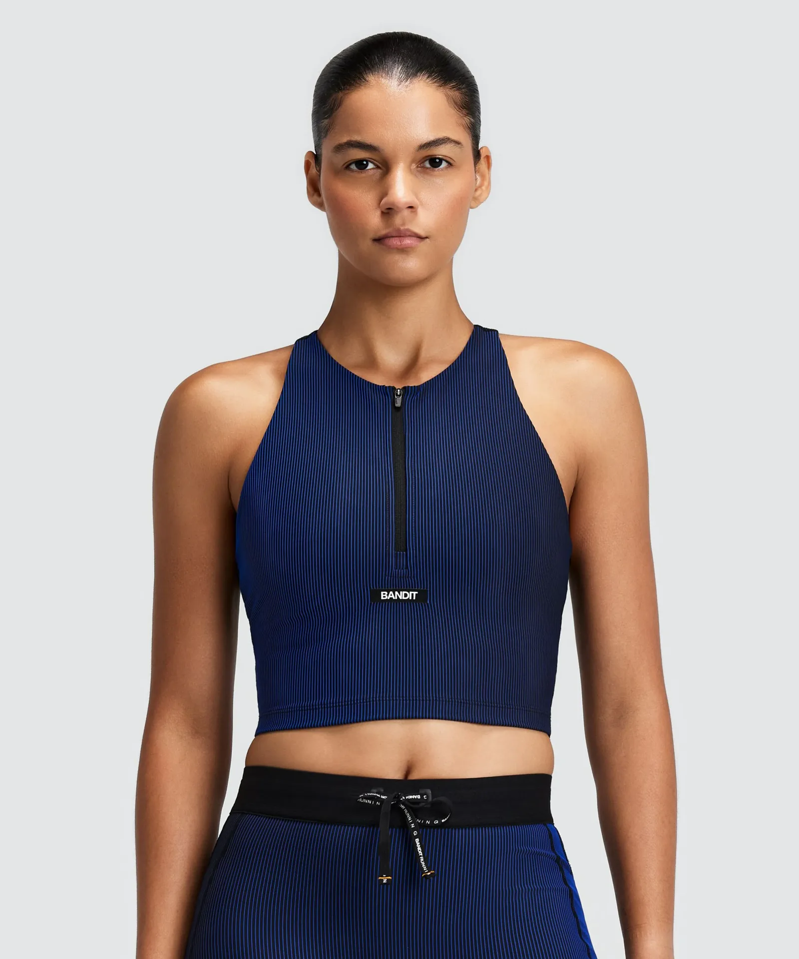 Women's Striped Cadence™ Zip Front T-Back Race Crop – Black / Bauhaus Blue