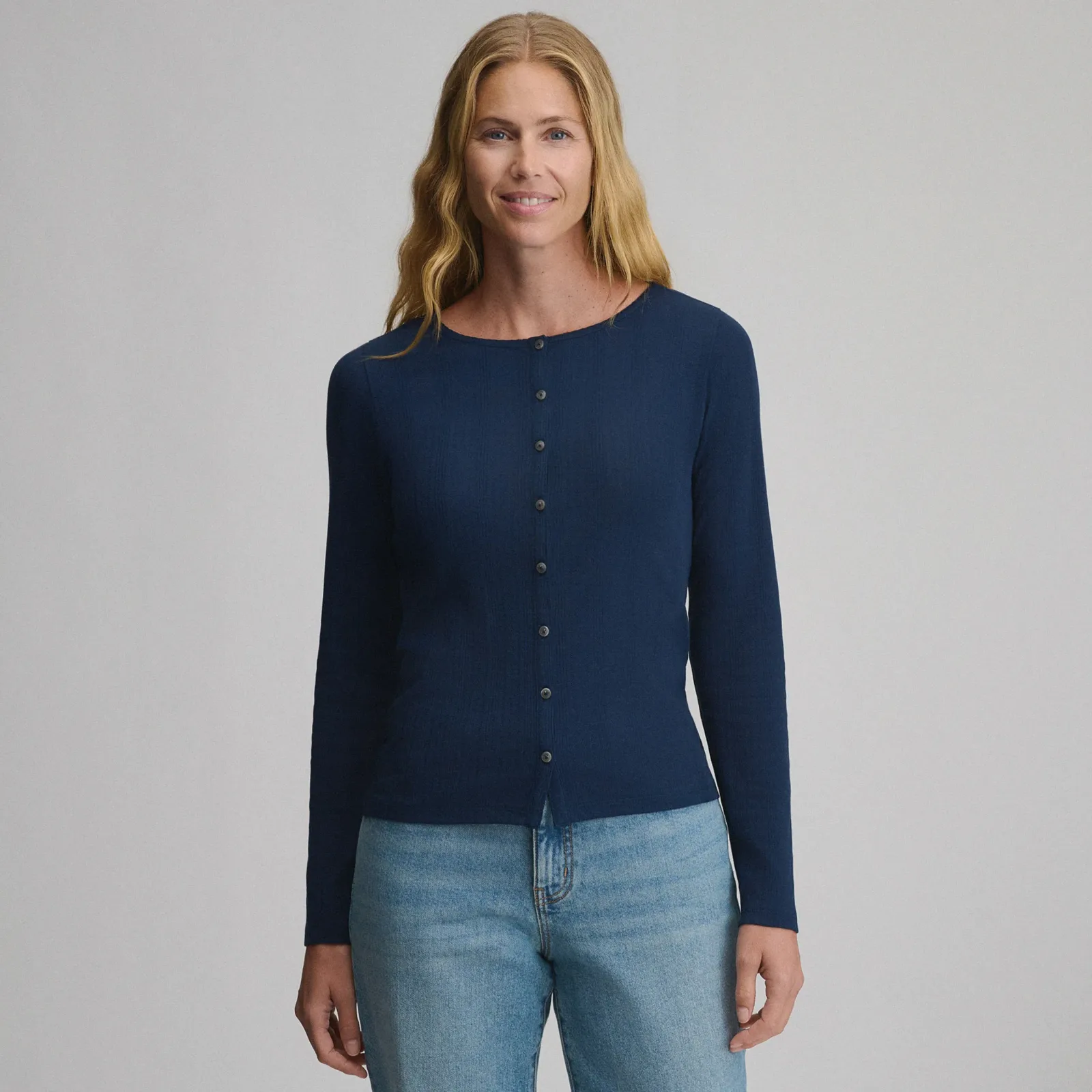 Women's Long-Sleeve Pointelle Button Front Top