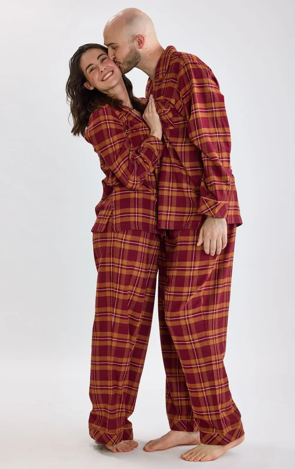 Chestnut Plaid Button-Front Matching Couples Pajamas