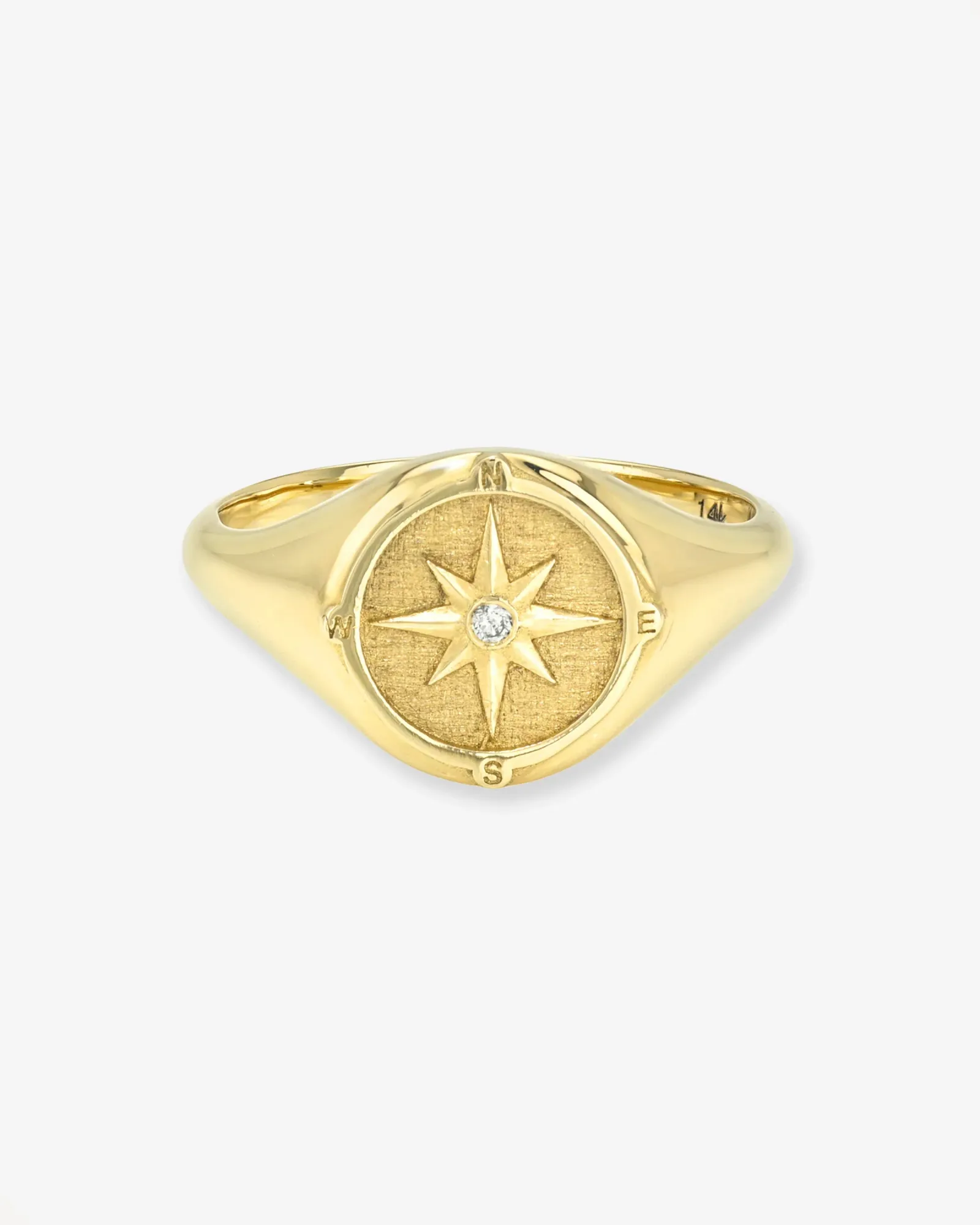14k Gold Diamond Compass Signet Ring