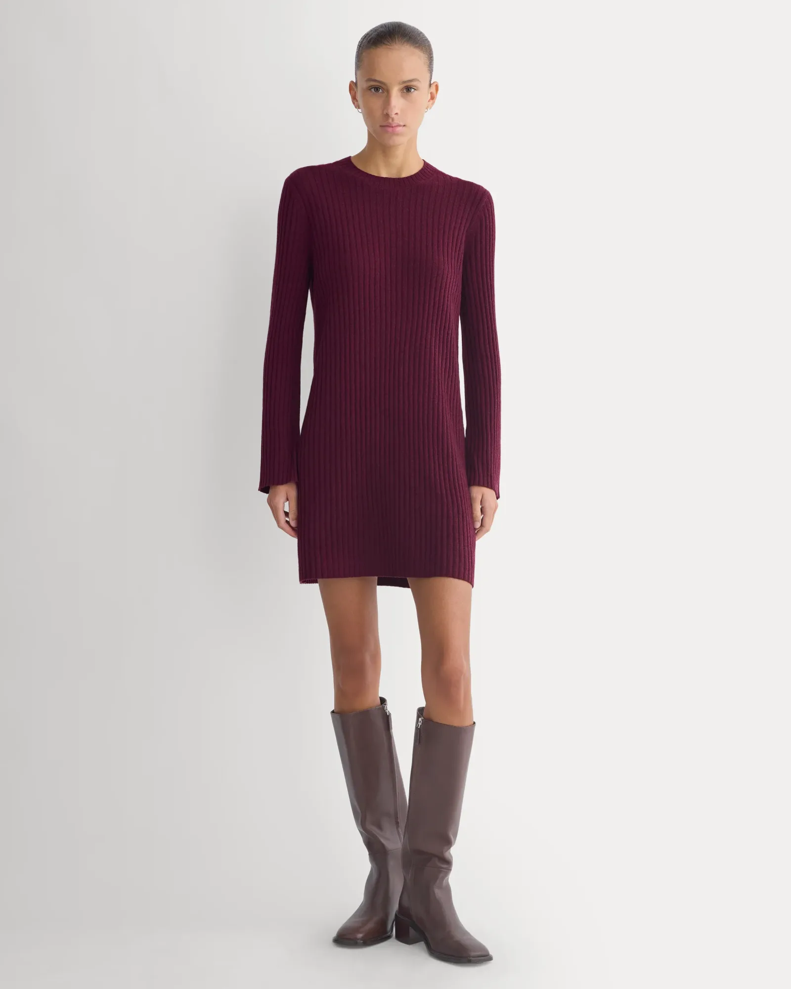 Cashmere Long-Sleeve Mini Dress – Deep Plum
