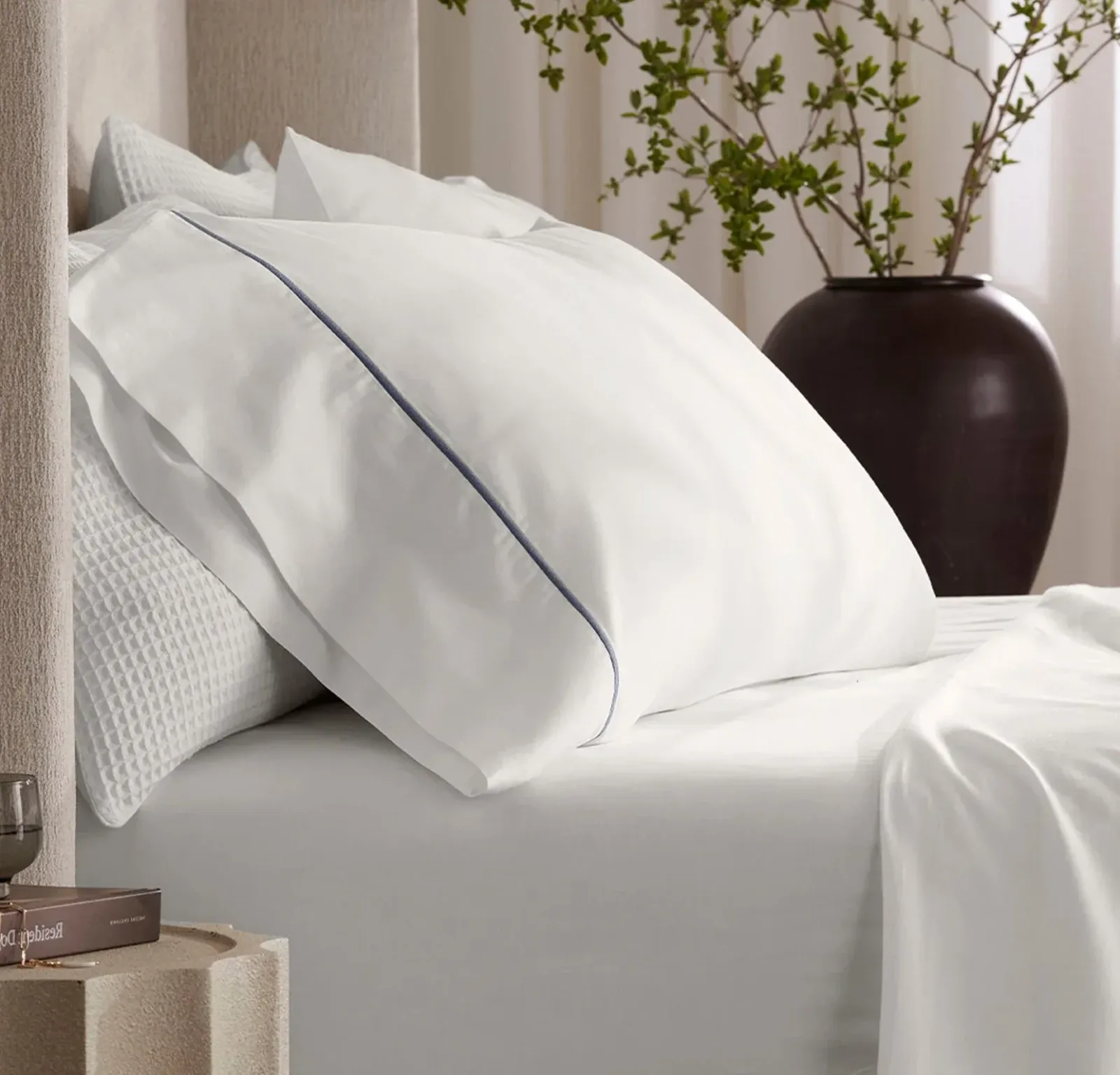 Percale Embellished Pillowcase Set – White/Mineral Embroidered