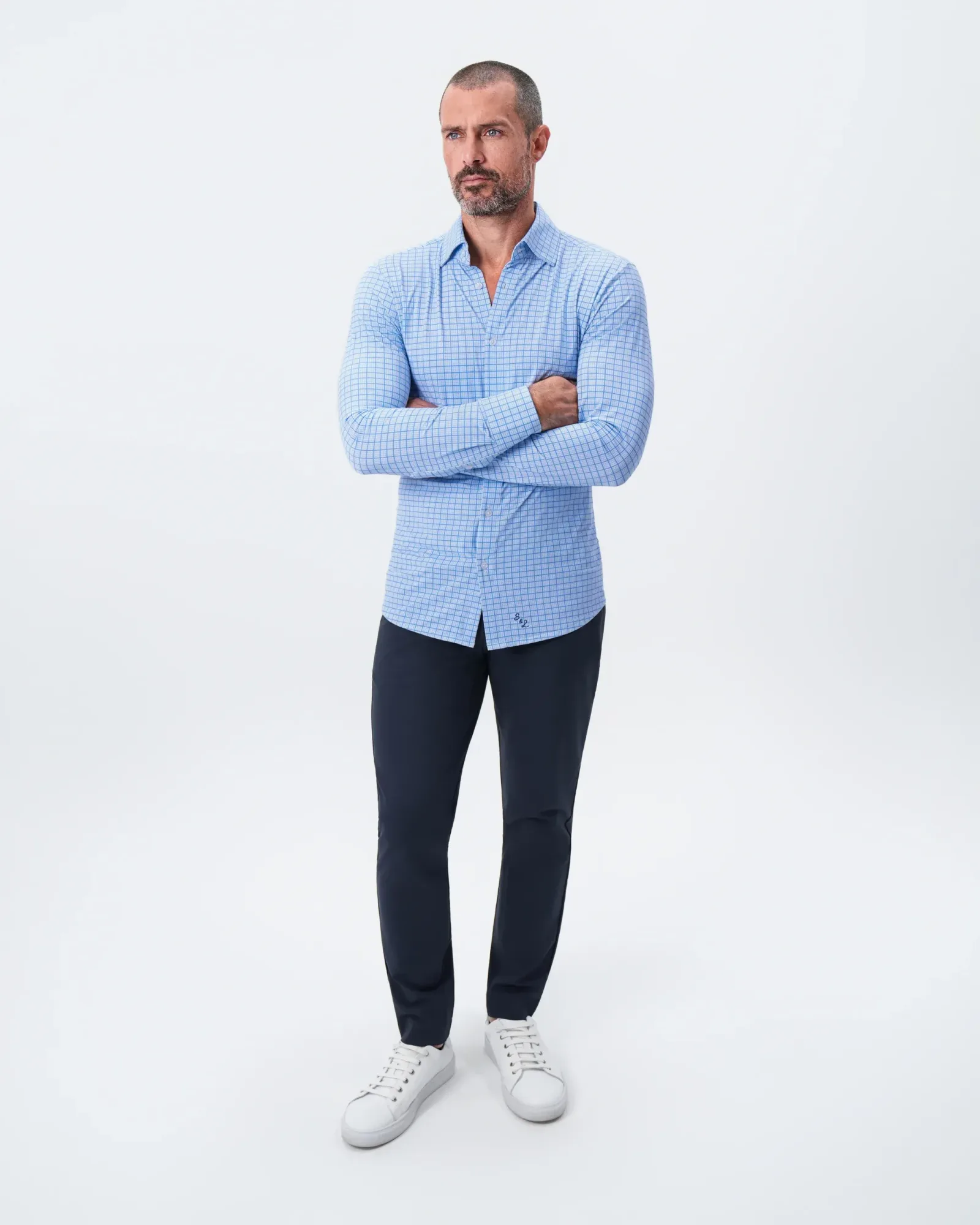 "The Lawrence" Sport Shirt – Light Blue with Navy Windowpane