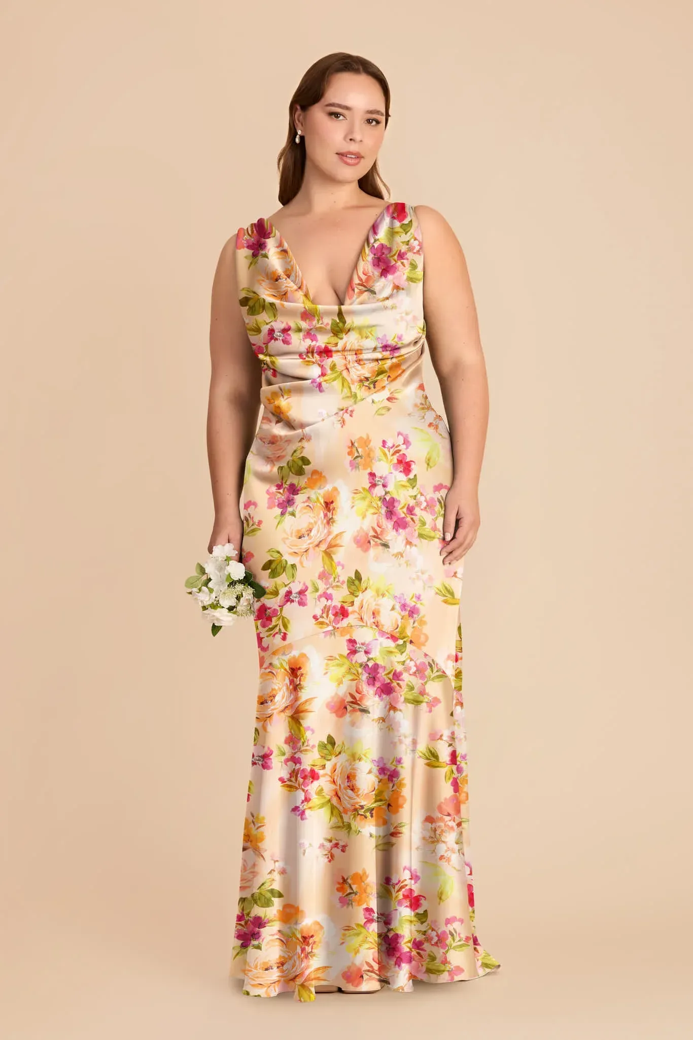 Alexis Matte Satin Dress – Coral Sunset Peonies