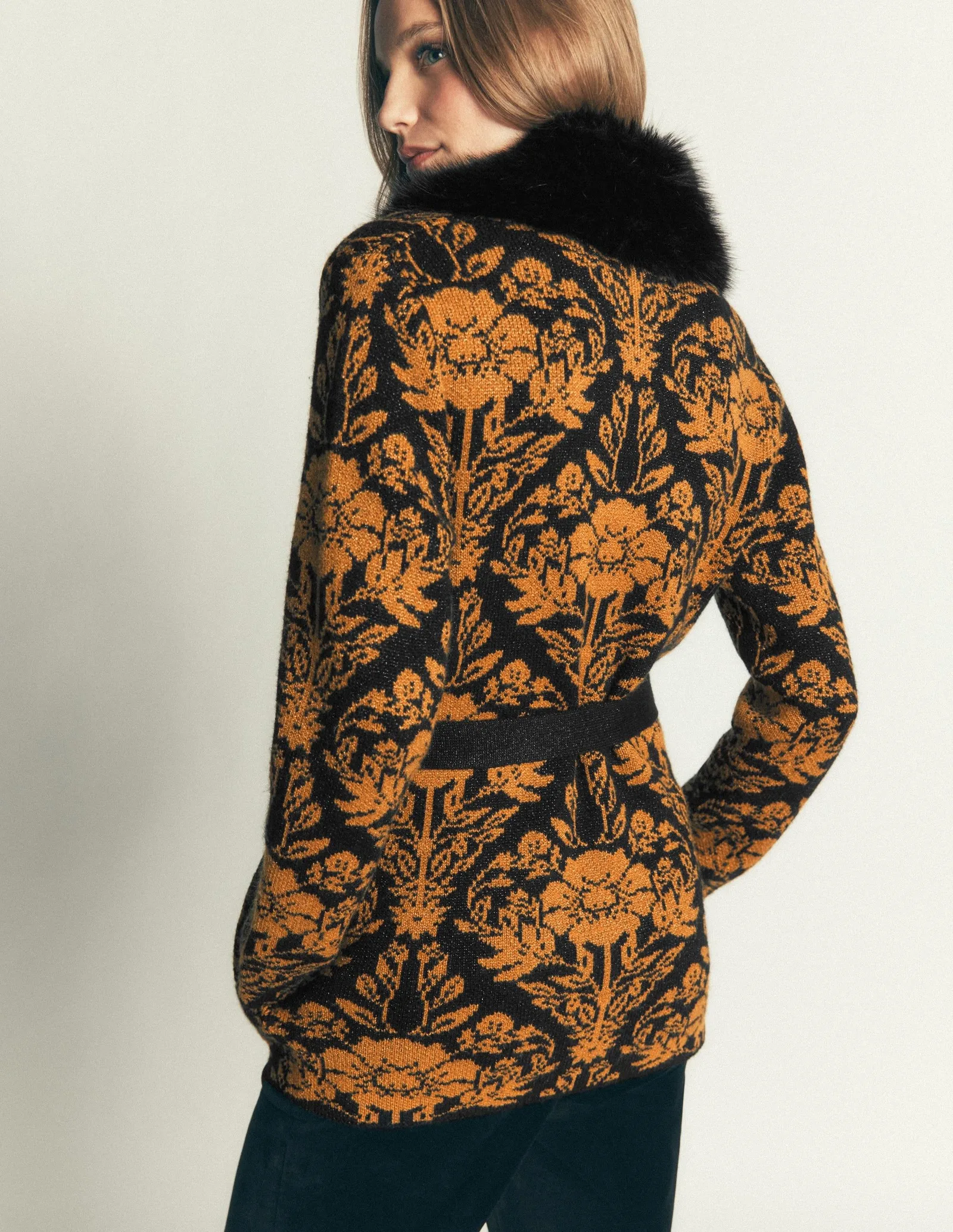 Belted Wrap Knitted Cardigan-Metallic Black Gold Jacquard
