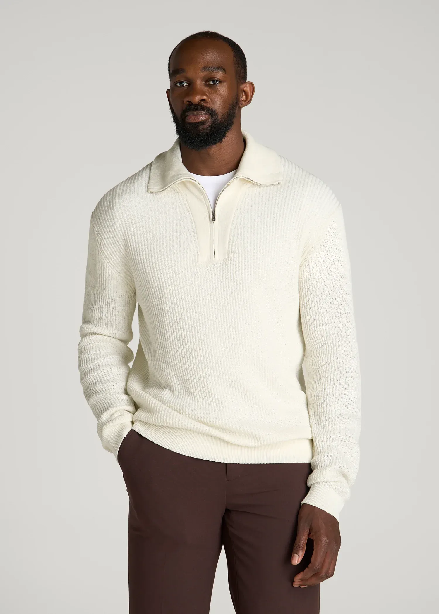 Textured Knit Quarter Zip Sweater for Tall Men in Star White