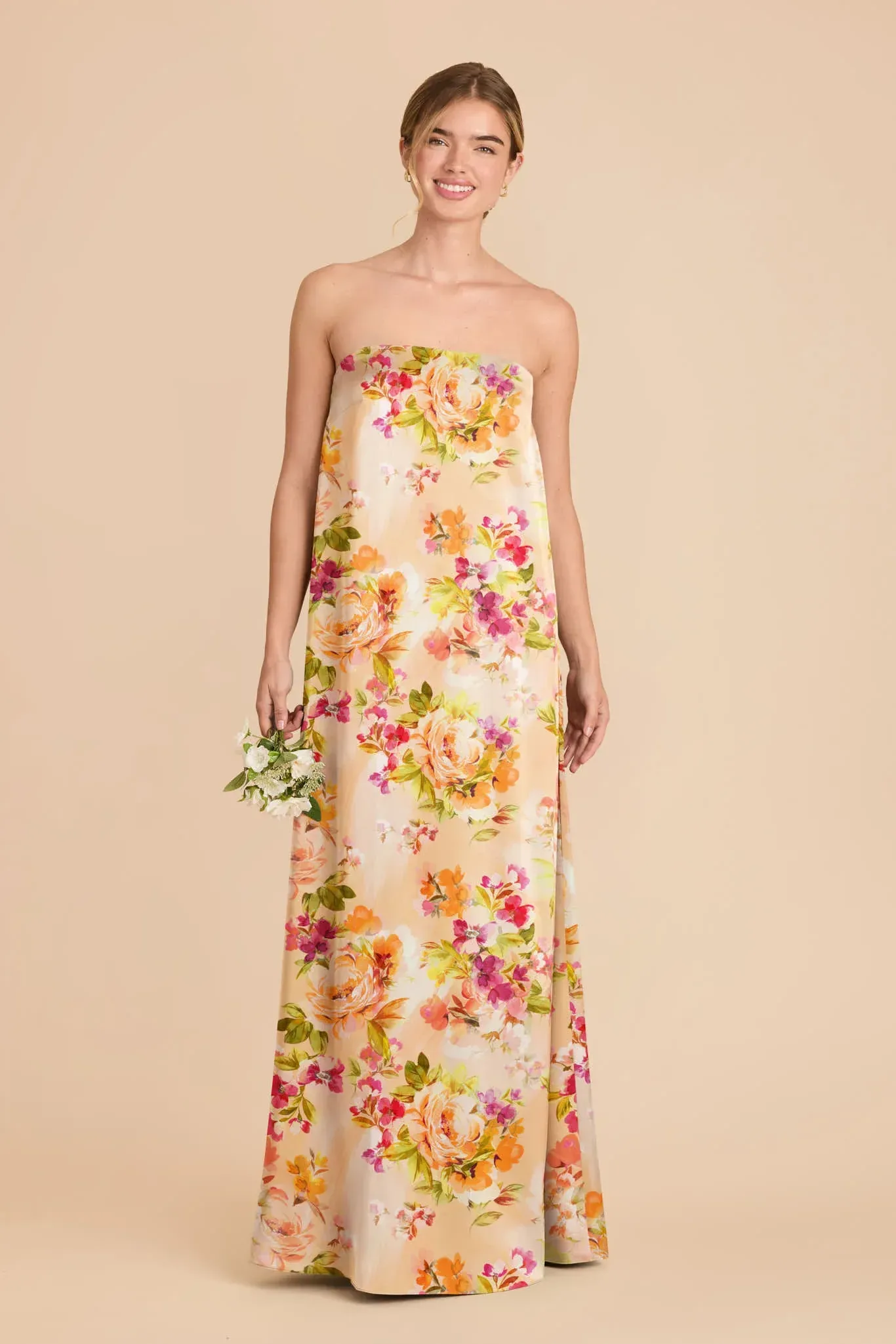 Ava Matte Satin Dress – Coral Sunset Peonies