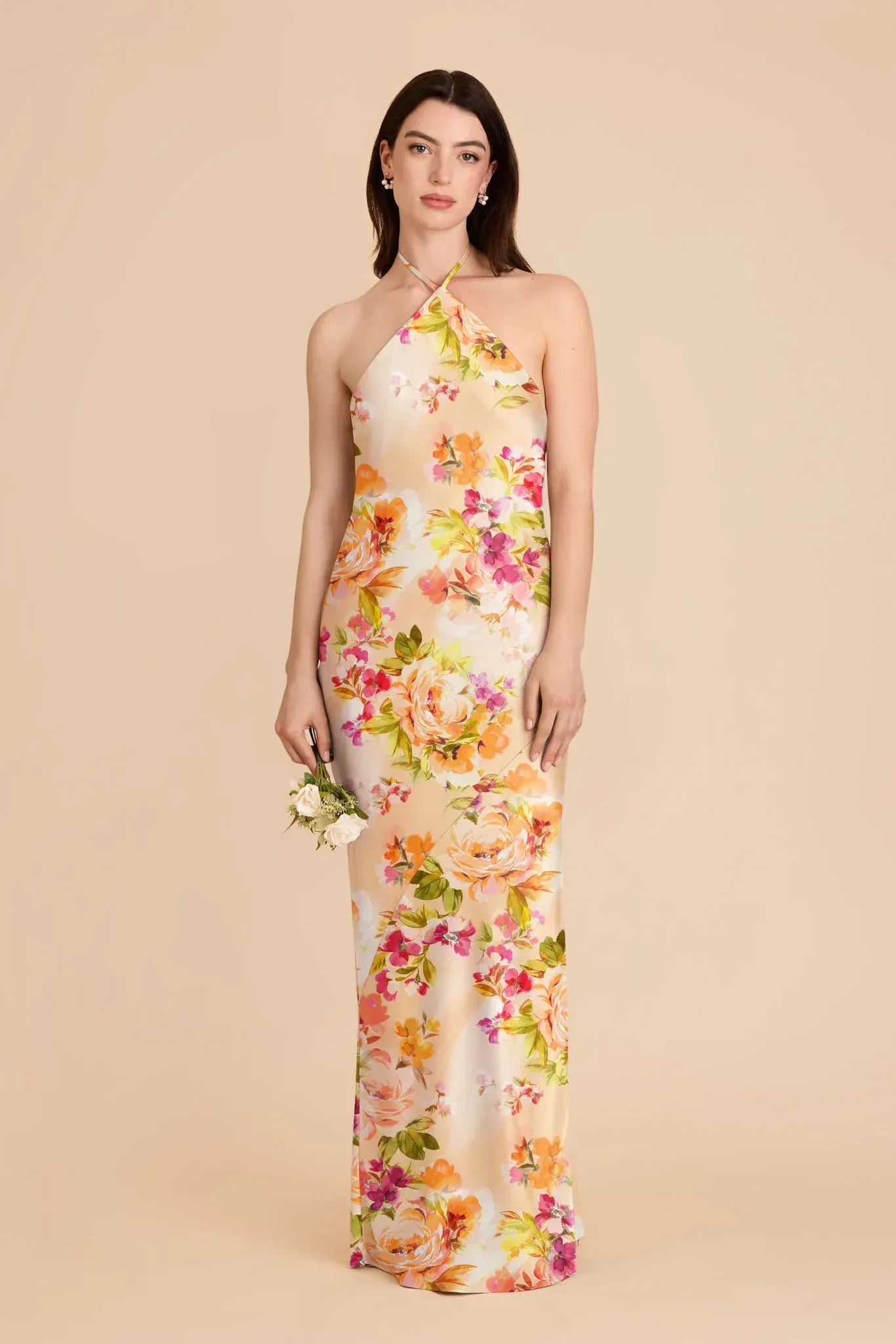 Ariel Matte Satin Dress – Coral Sunset Peonies