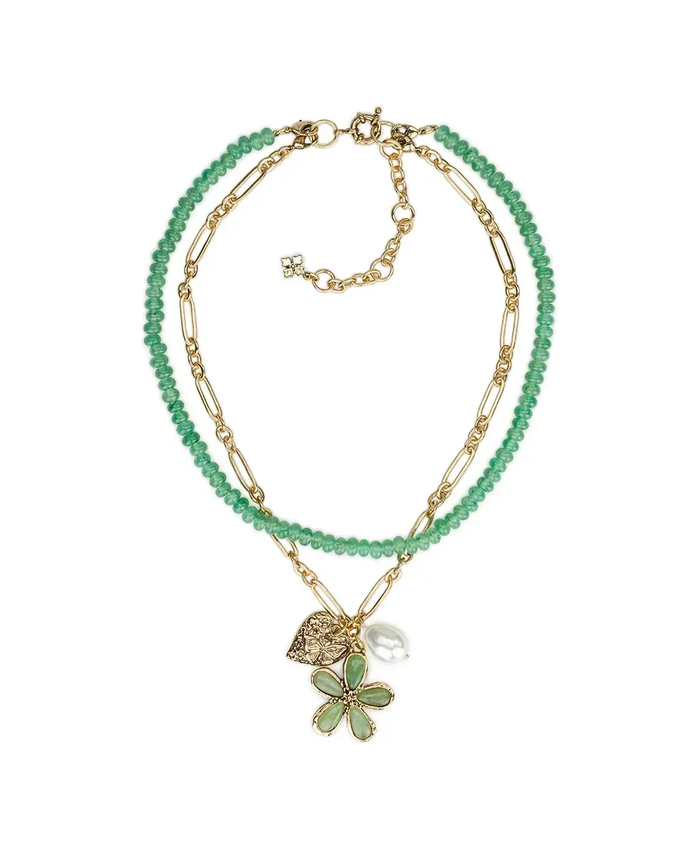 Multi Strand Flower Charm Necklace – Stone Inlay Collection – Antique Gold