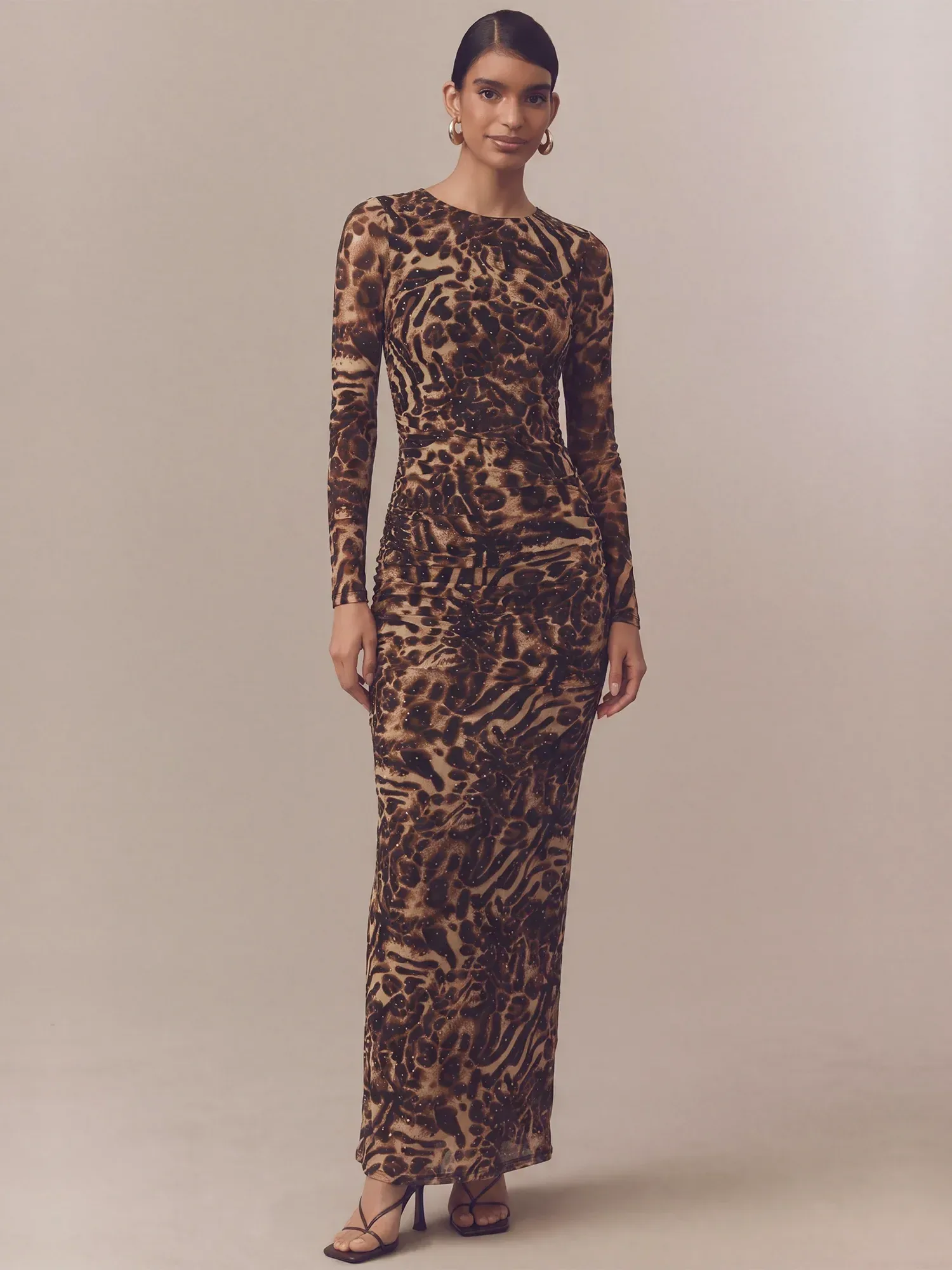 Long Sleeves Animal Mesh Dot Bodycon Maxi Dress