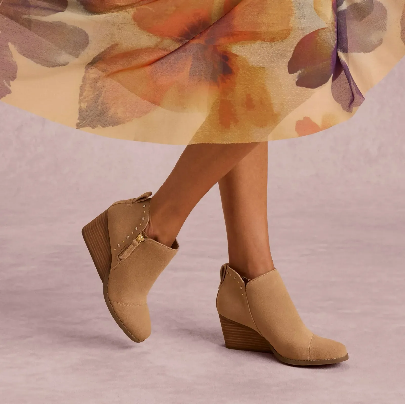 Womens Goldie Wedge Ankle Bootie Taupe Suede with Studs