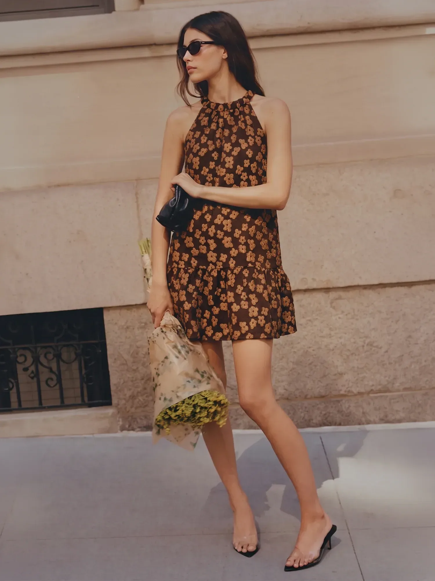 Halter Floral Jacquard Shift Mini Dress