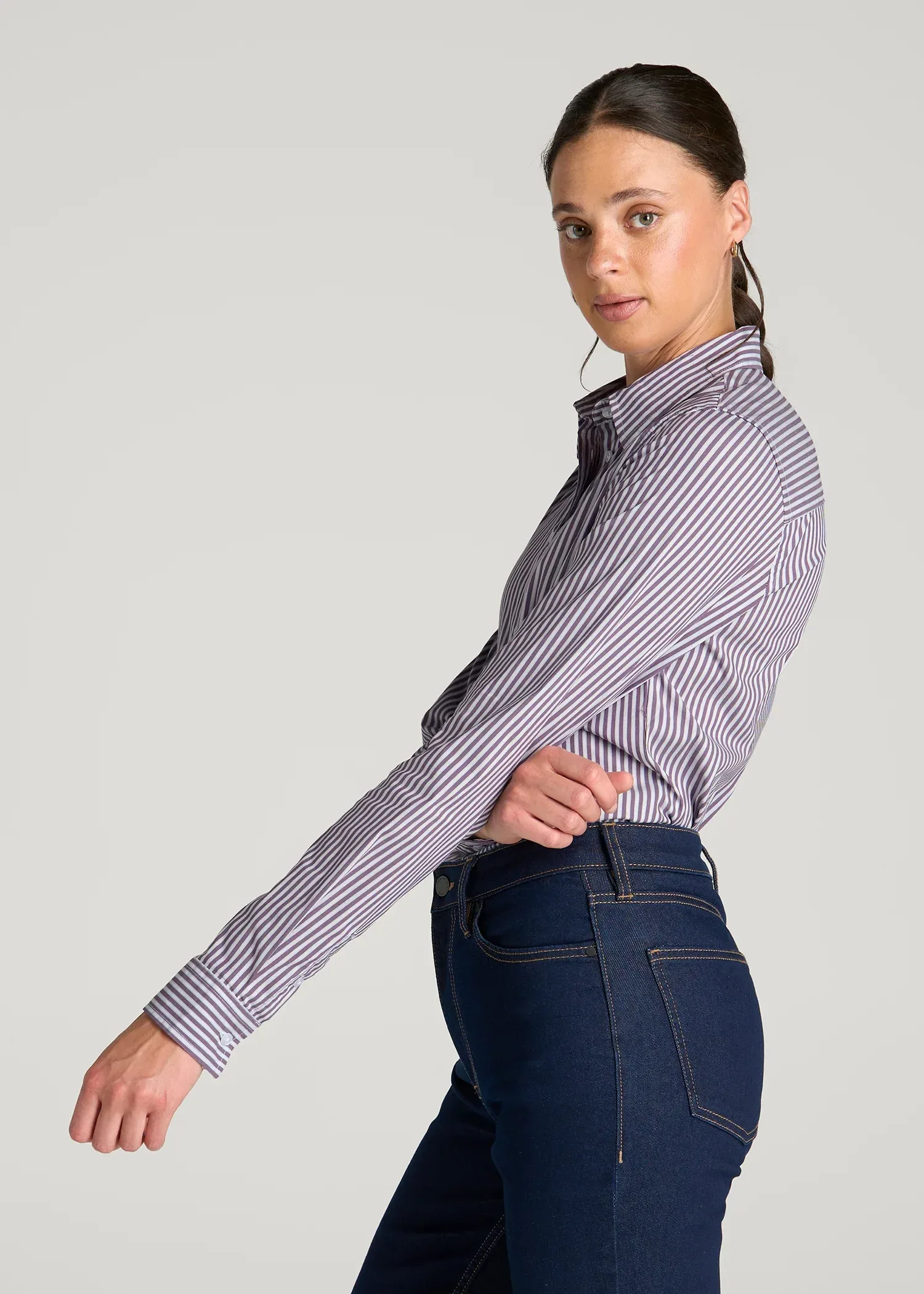Slim Fit Button Up Shirt for Tall Women in Aubergine Pinstripe