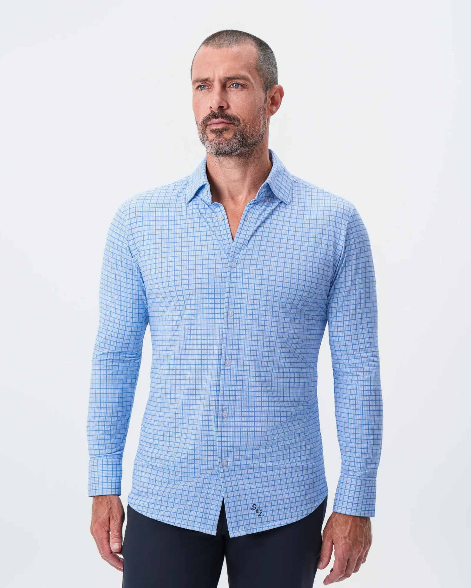 "The Lawrence" Sport Shirt – Light Blue with Navy Windowpane