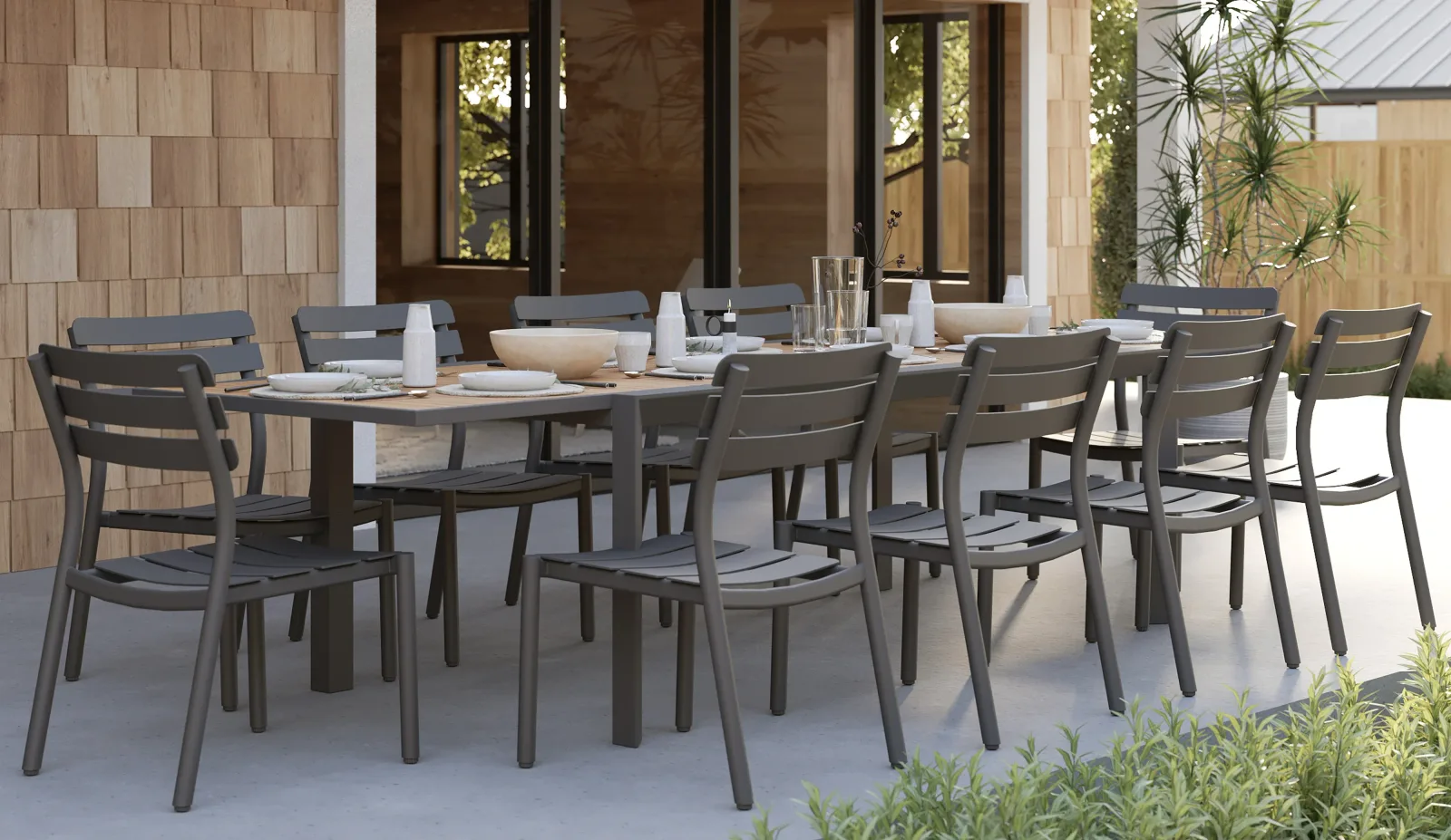 Teak + Aluminum Outdoor Extendable Dining Table + 10 595 Armless Chairs