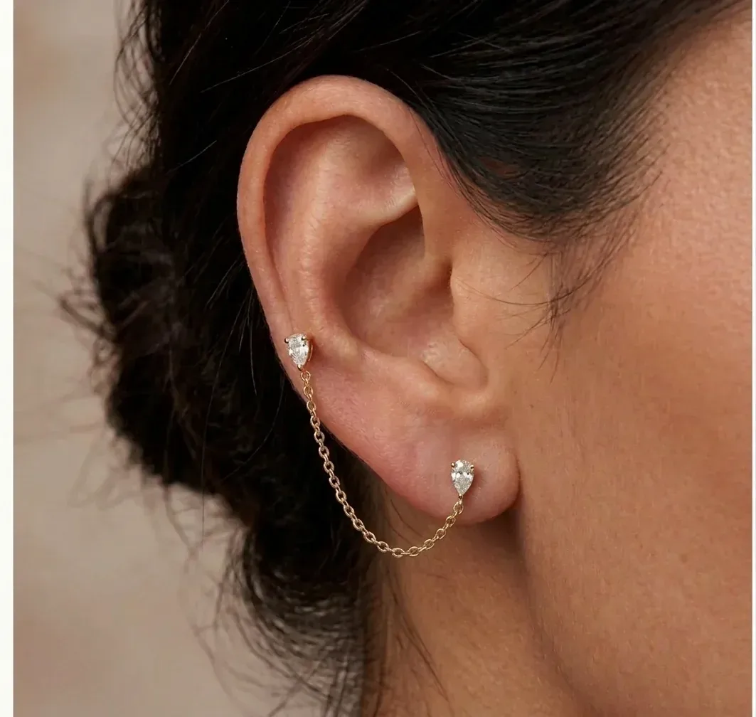 14k 3 Prong Double Pear Diamond Chain Studs