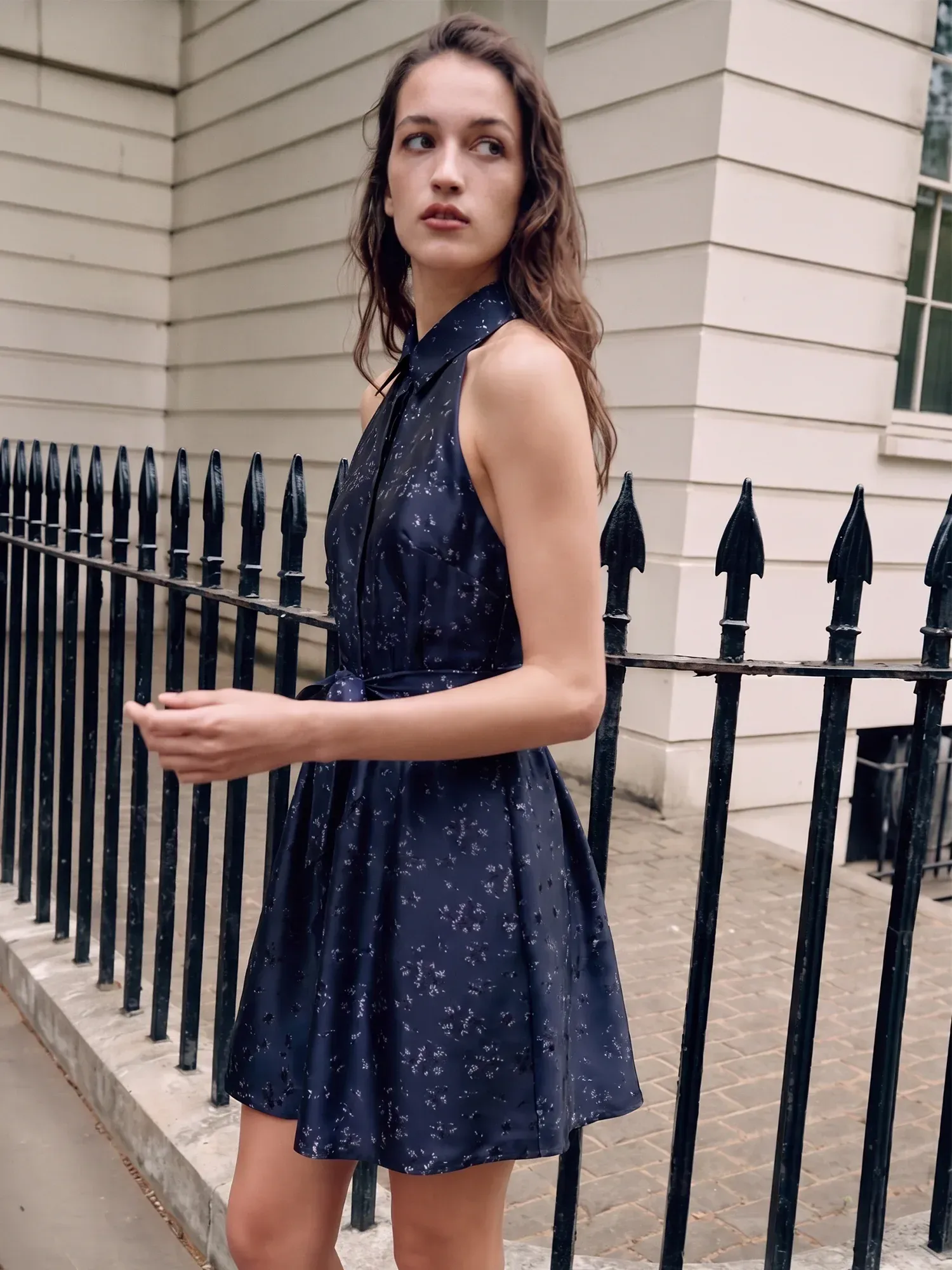 Sleeveless Satin Dot Print Mini Shirt Dress