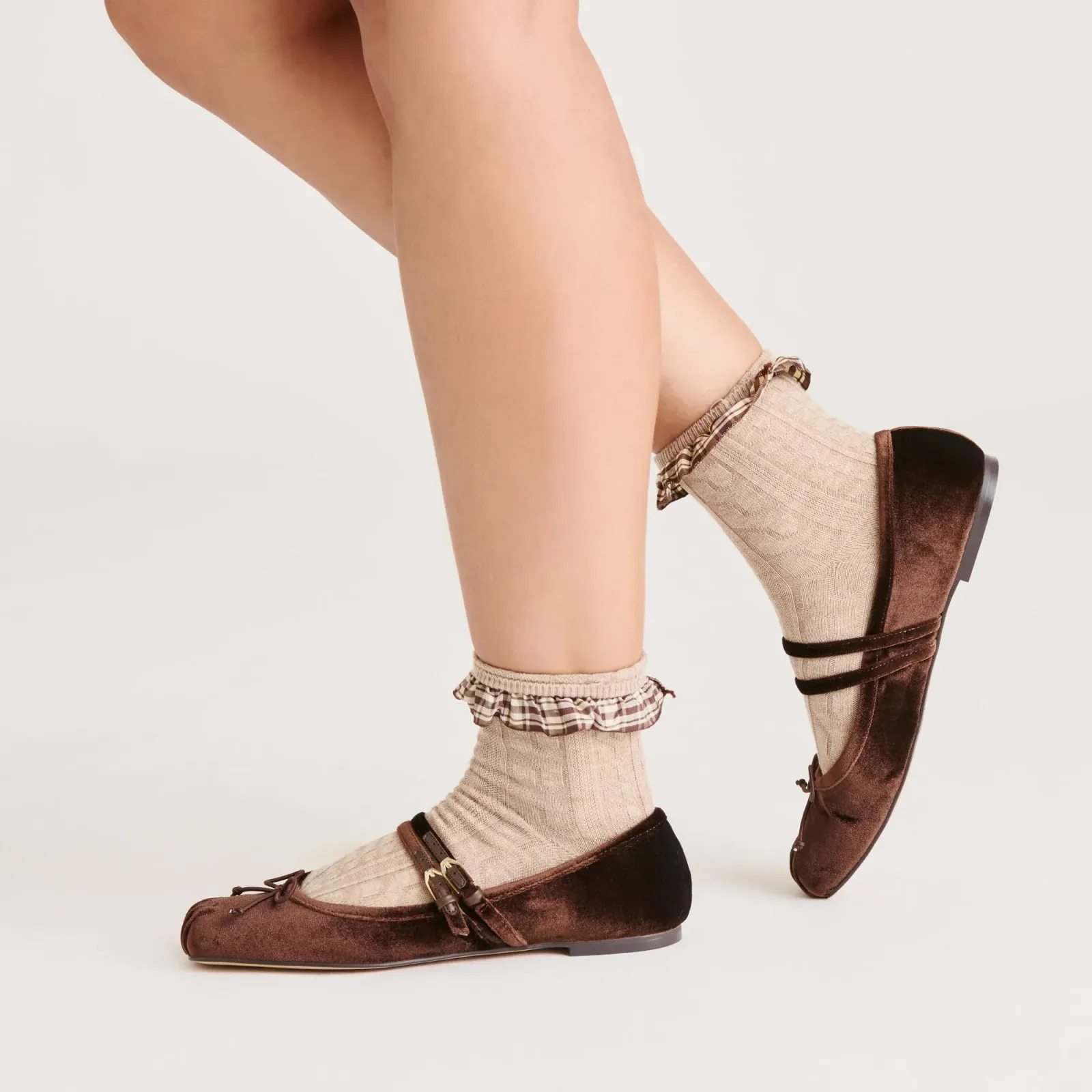 Plaid Ruffle Crew Socks Taupe