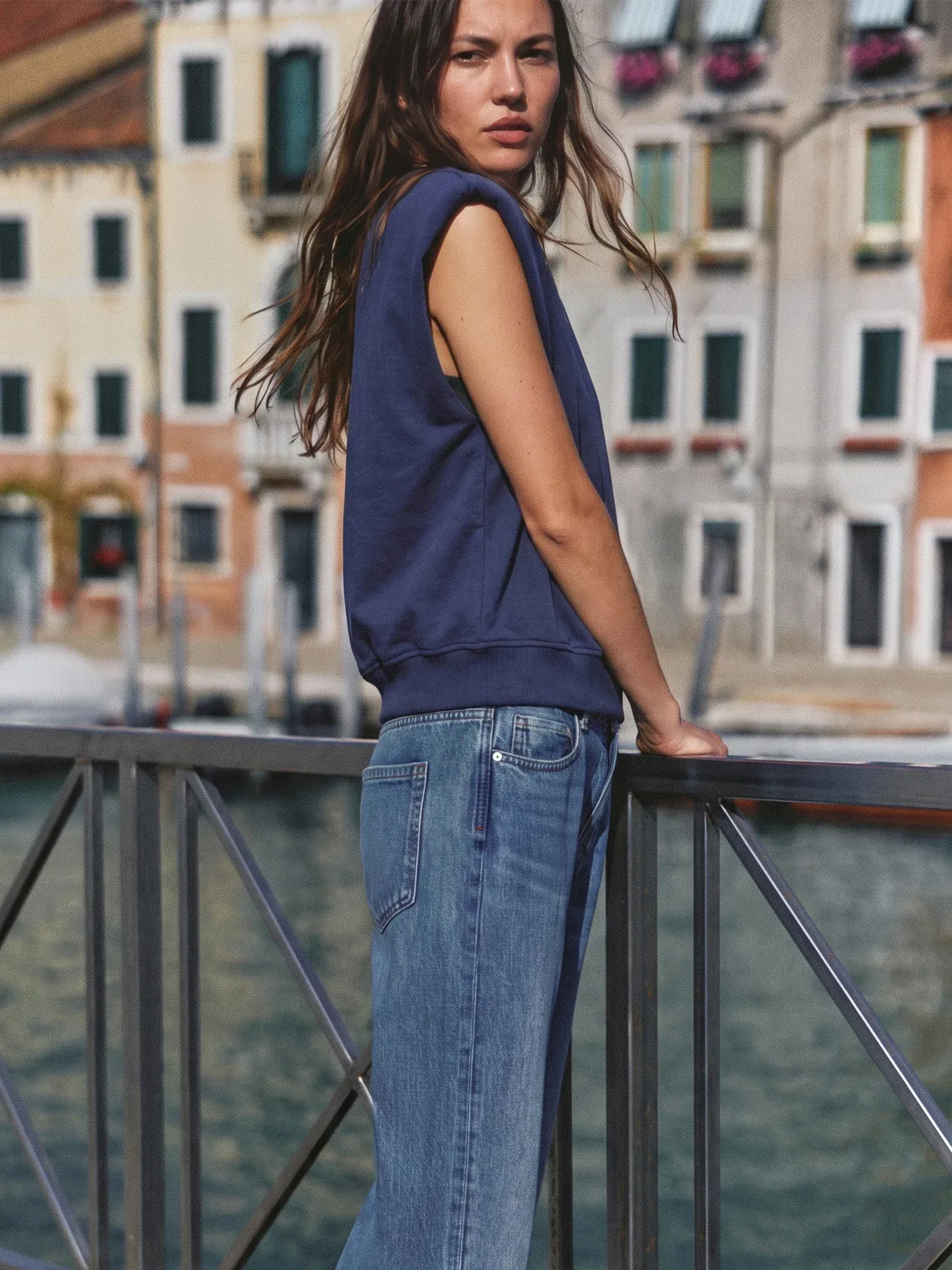 Sleeveless Shoulder Pad Crew Neck Top