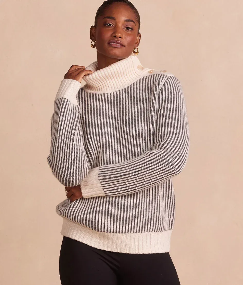 The Luxe Cashmere Blend Two-Tone Button Neck Sweater – Dune & Charcoal