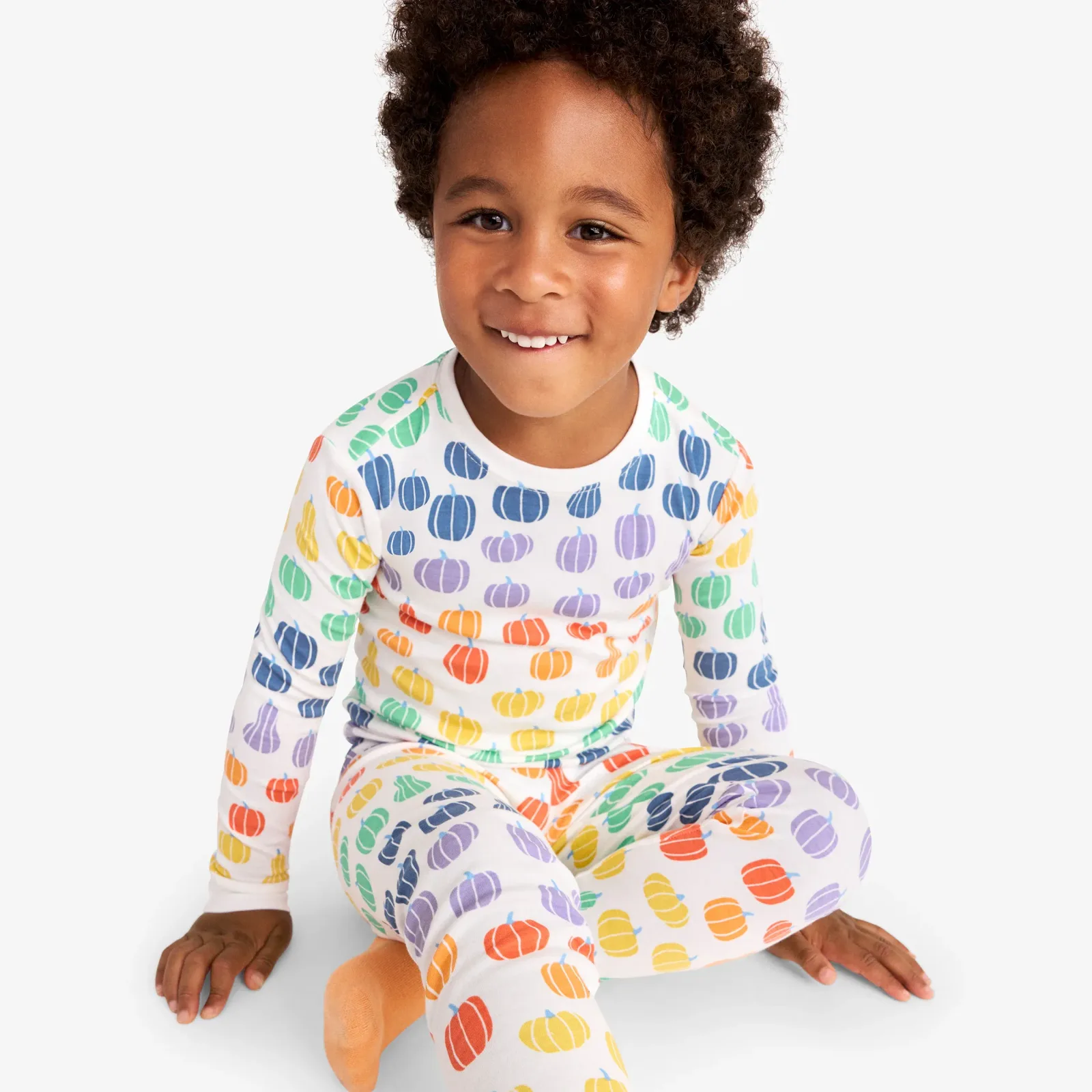 Kids organic long sleeve PJ top in rainbow pumpkins