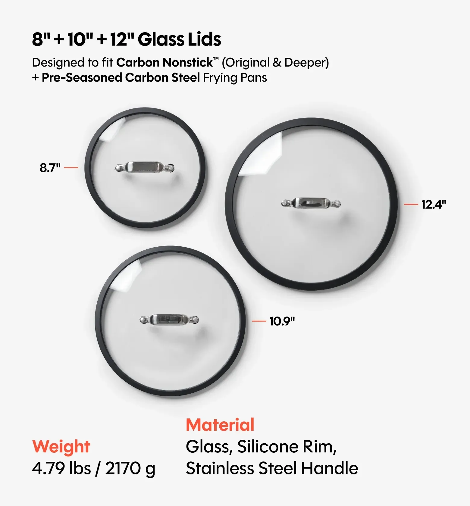 8” + 10” + 12” Pre-Seasoned Carbon Steel Frying Pan + Glass Lids