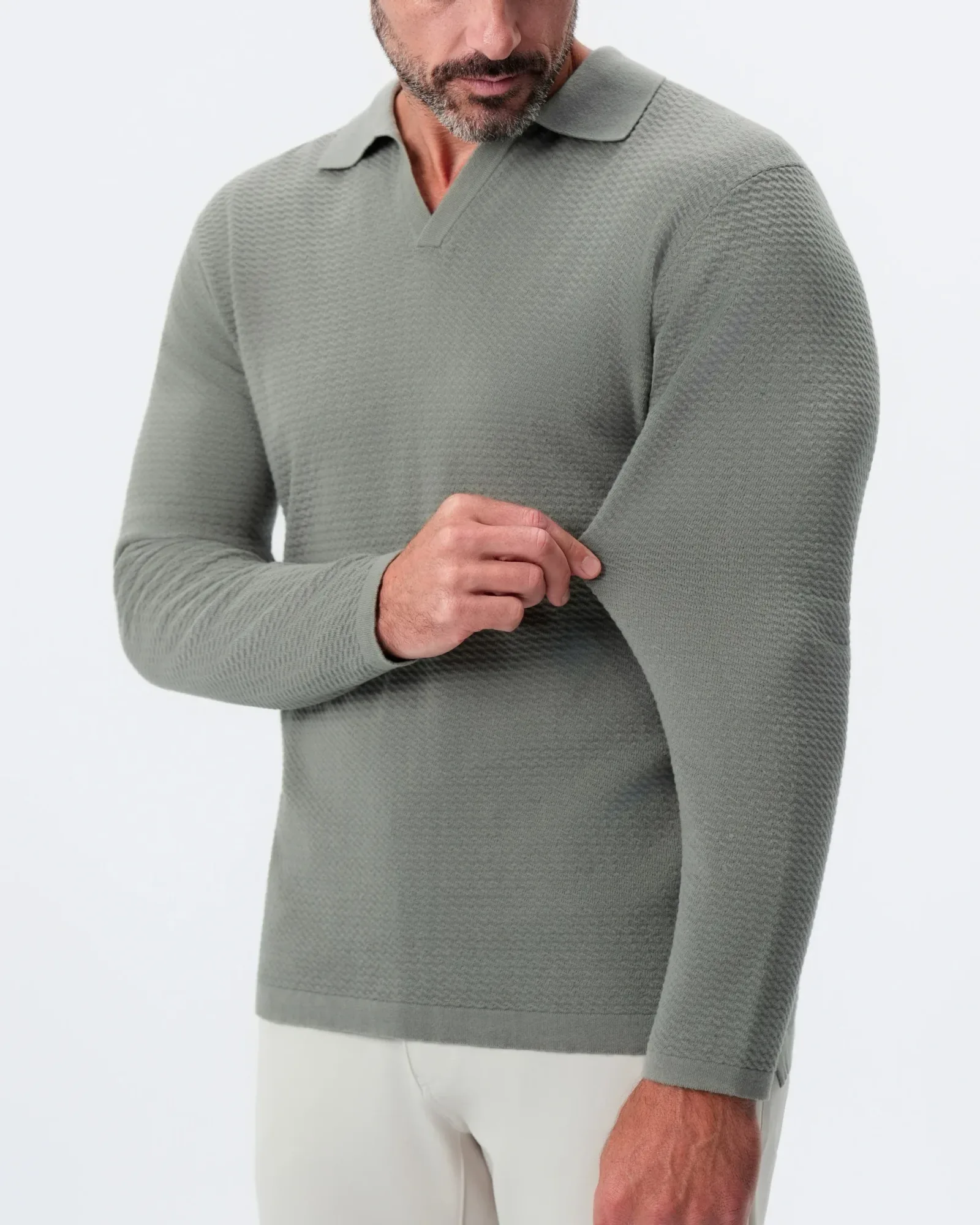 Textured Buttonless Long Sleeve Polo – Olive
