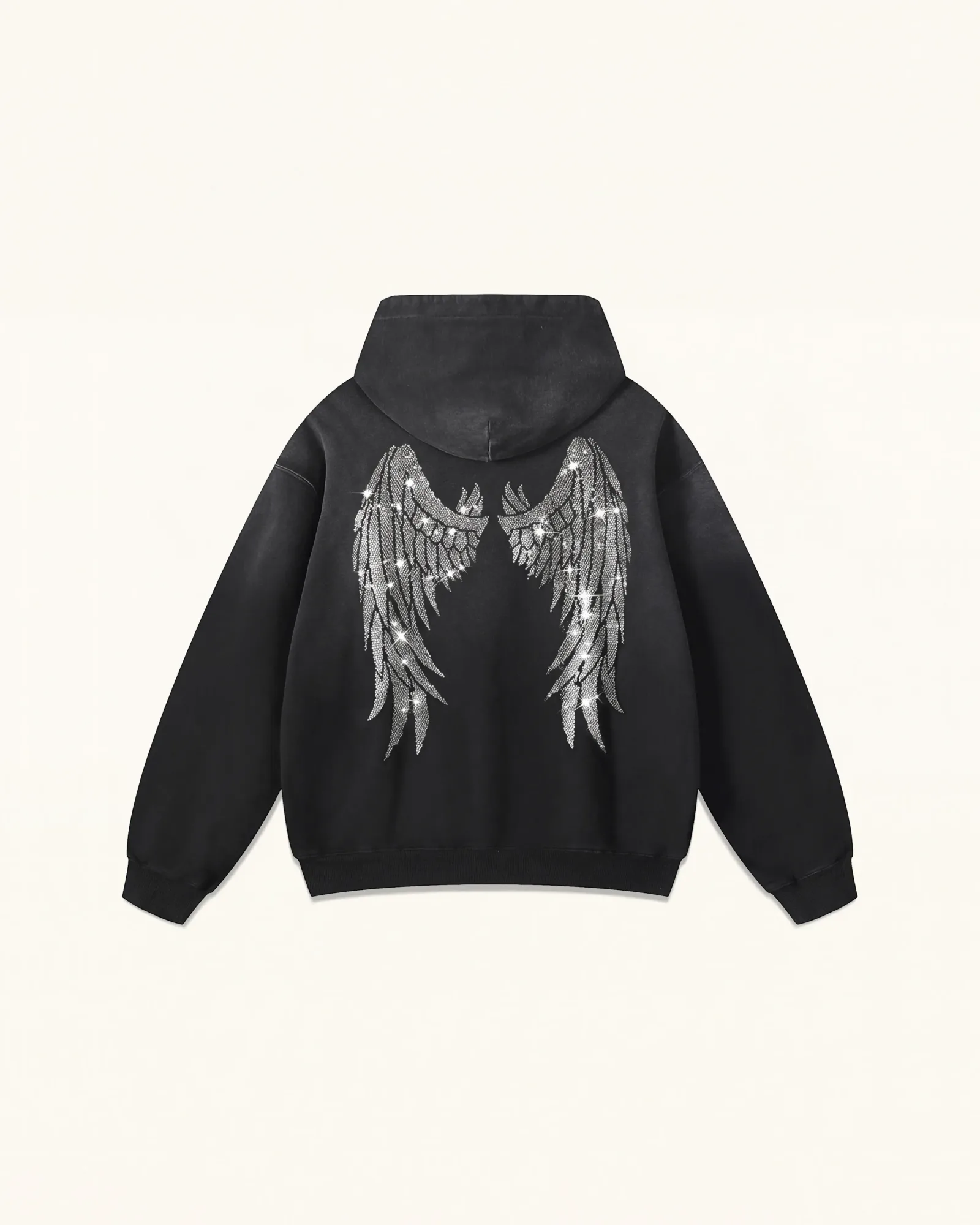 The Seraphic Crystal Feather Wing Hoodie – Washed Black