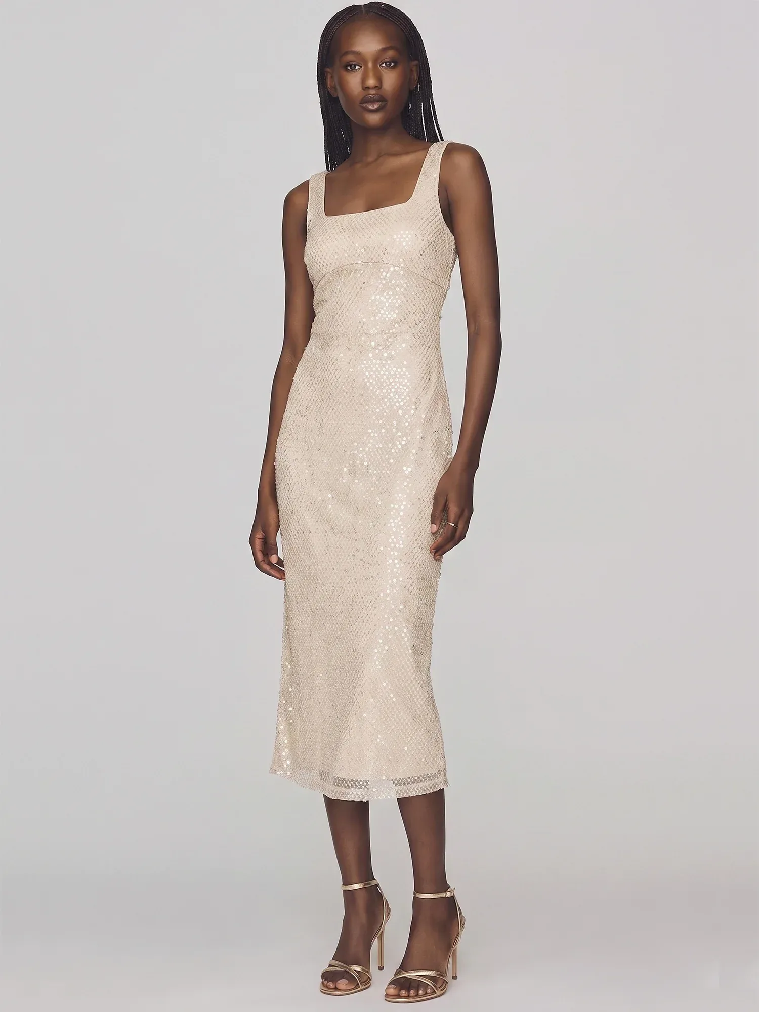 Sleeveless Sequin Mesh Square Neck Bodycon Midi Dress