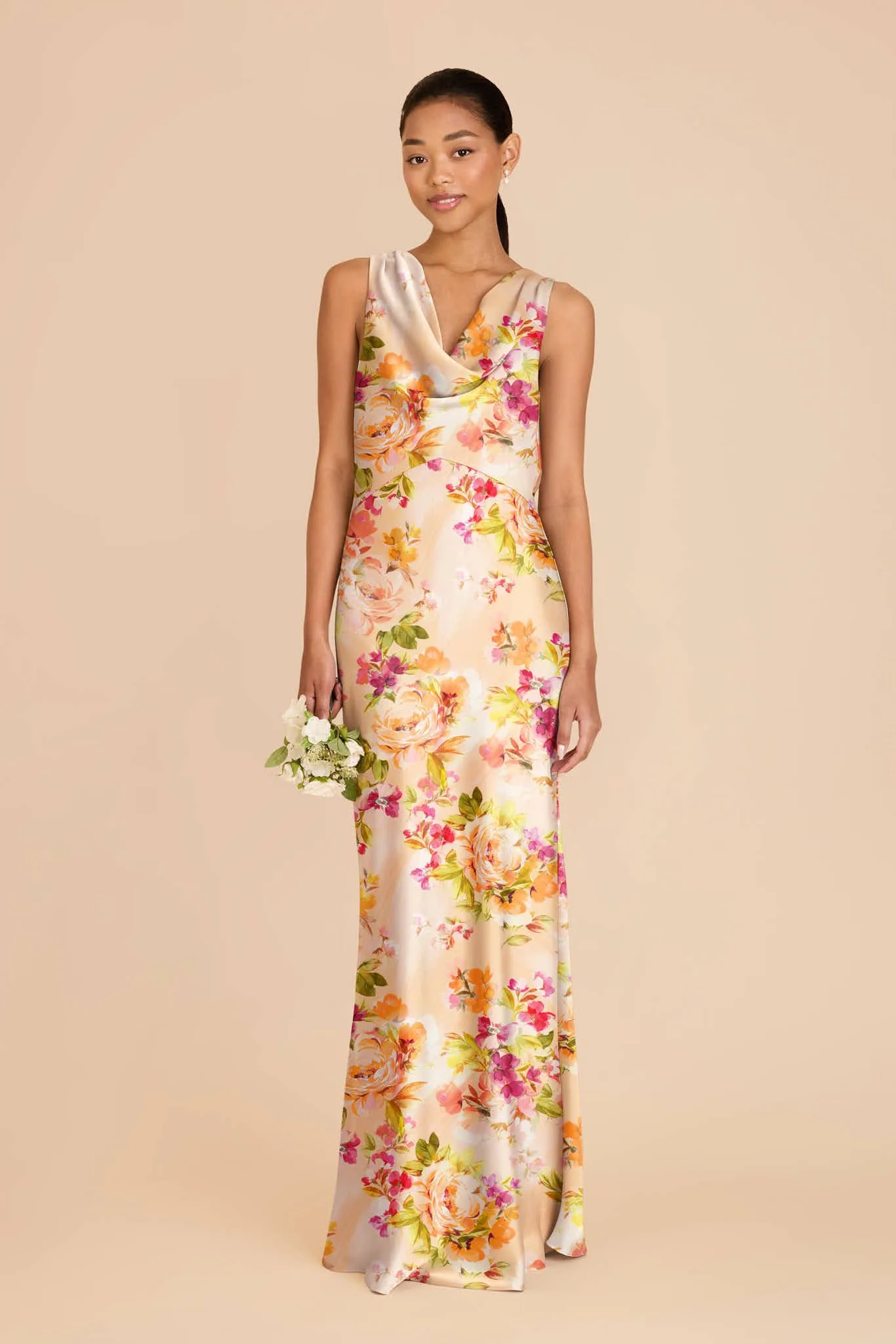 Bonnie Matte Satin Dress – Coral Sunset Peonies