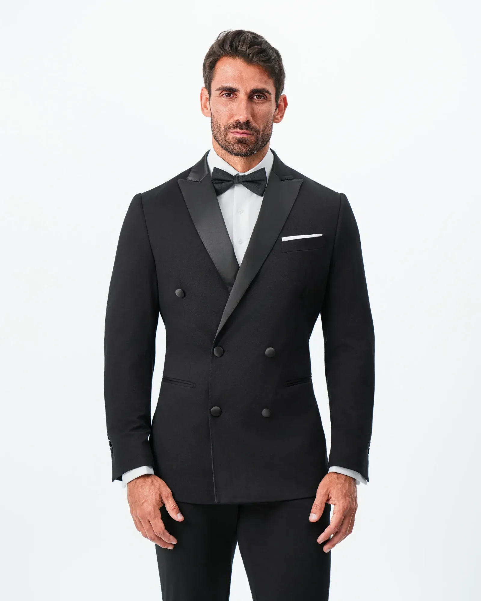 Athletic Fit Stretch Tuxedo Jacket – Double Breasted Solid Black with Peak Lapel