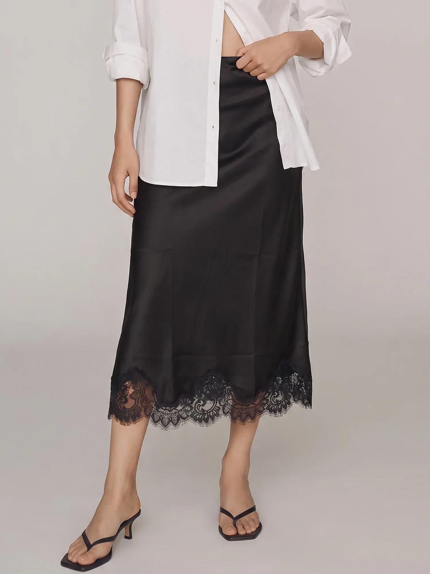 Satin Lace Hem Midi Skirt