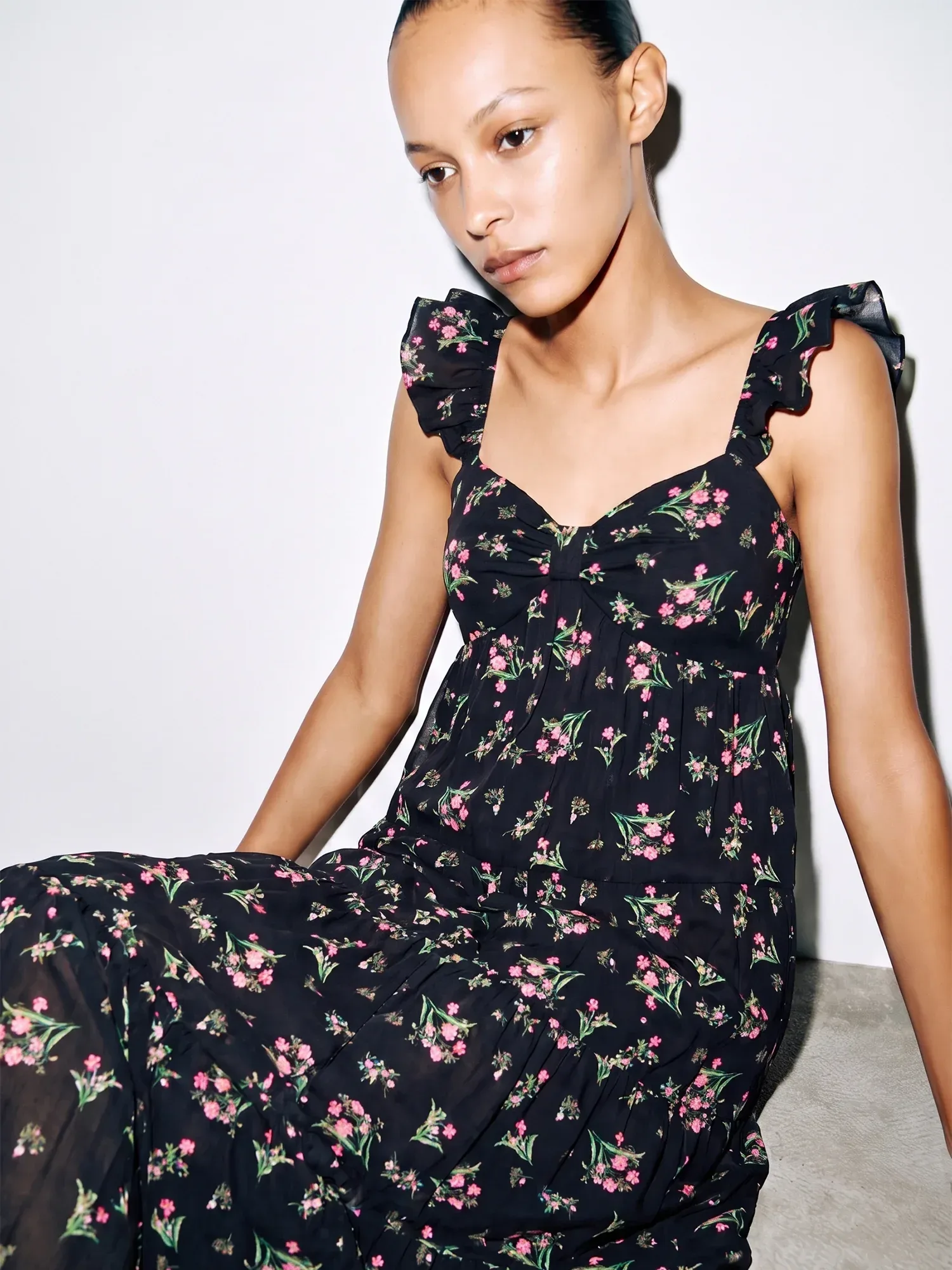 Flutter Sleeve Floral Empire Waist Tier Maxi Dress