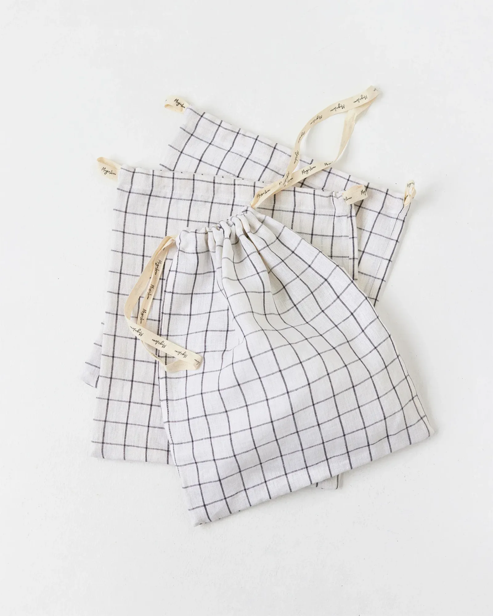Set of 3 Linen Produce Bags in Charcoal grid