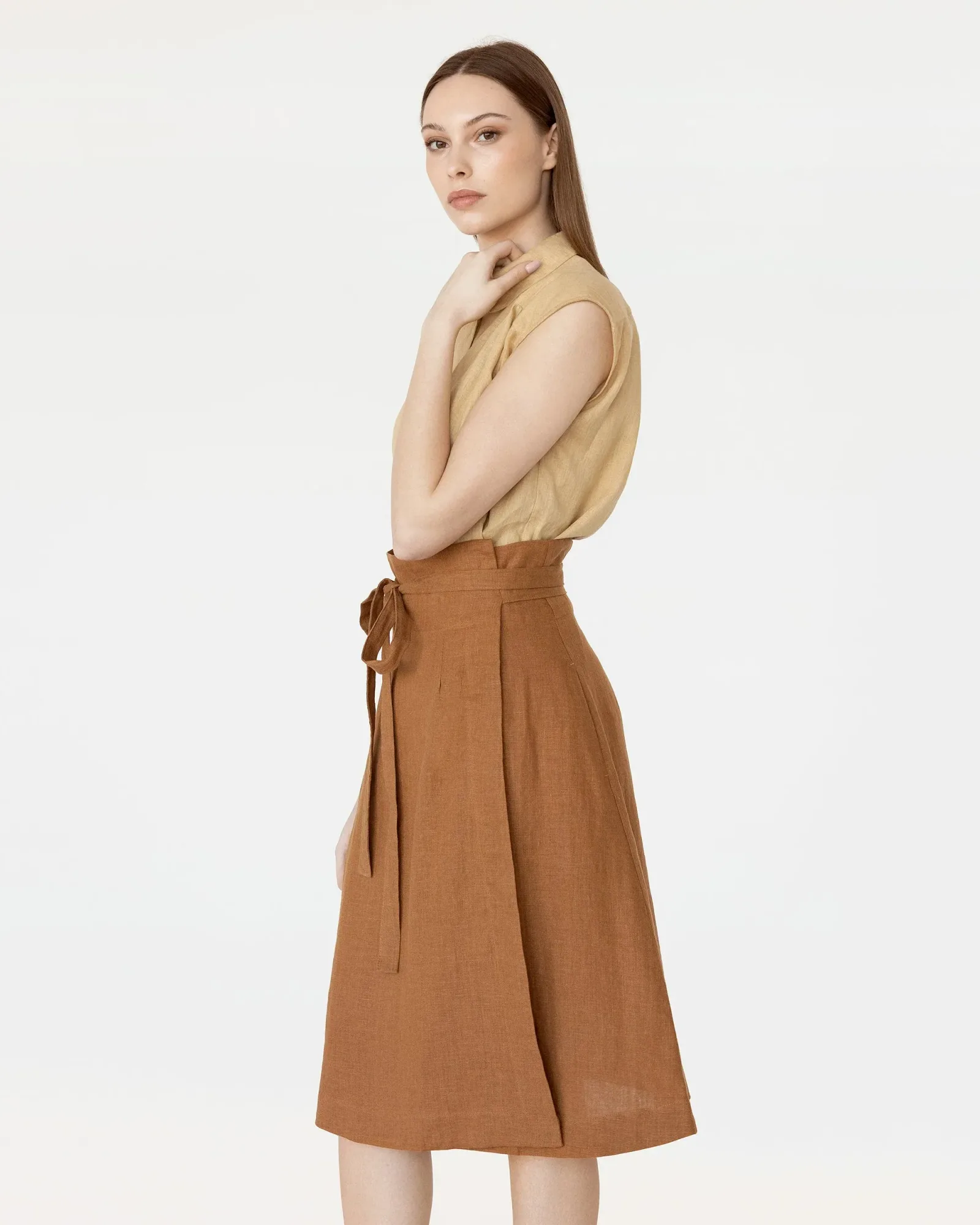 High-waist linen wrap skirt SEVILLE in Cinnamon